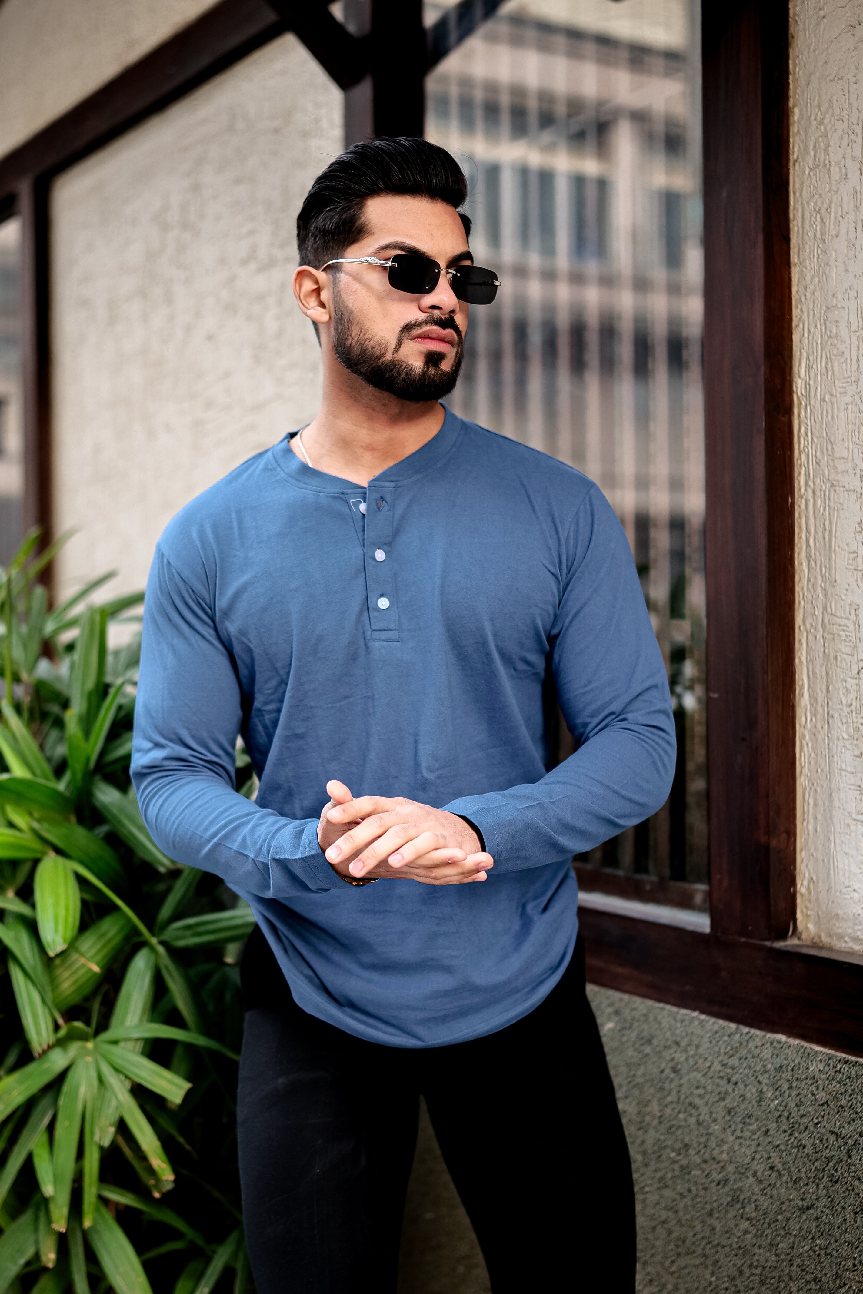 Blue Self Design Placket T-Shirt