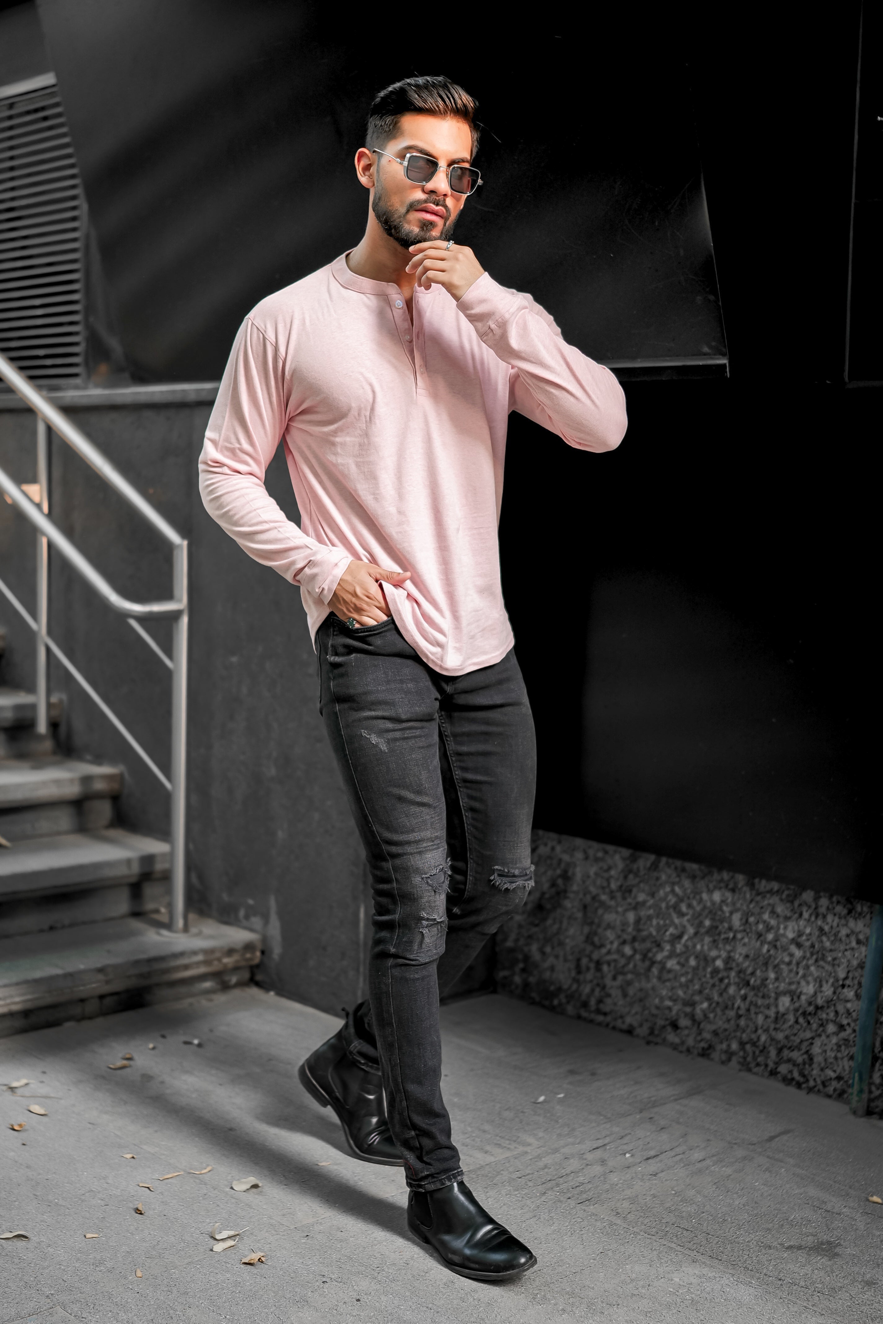 Peach Melange Henley T-Shirt