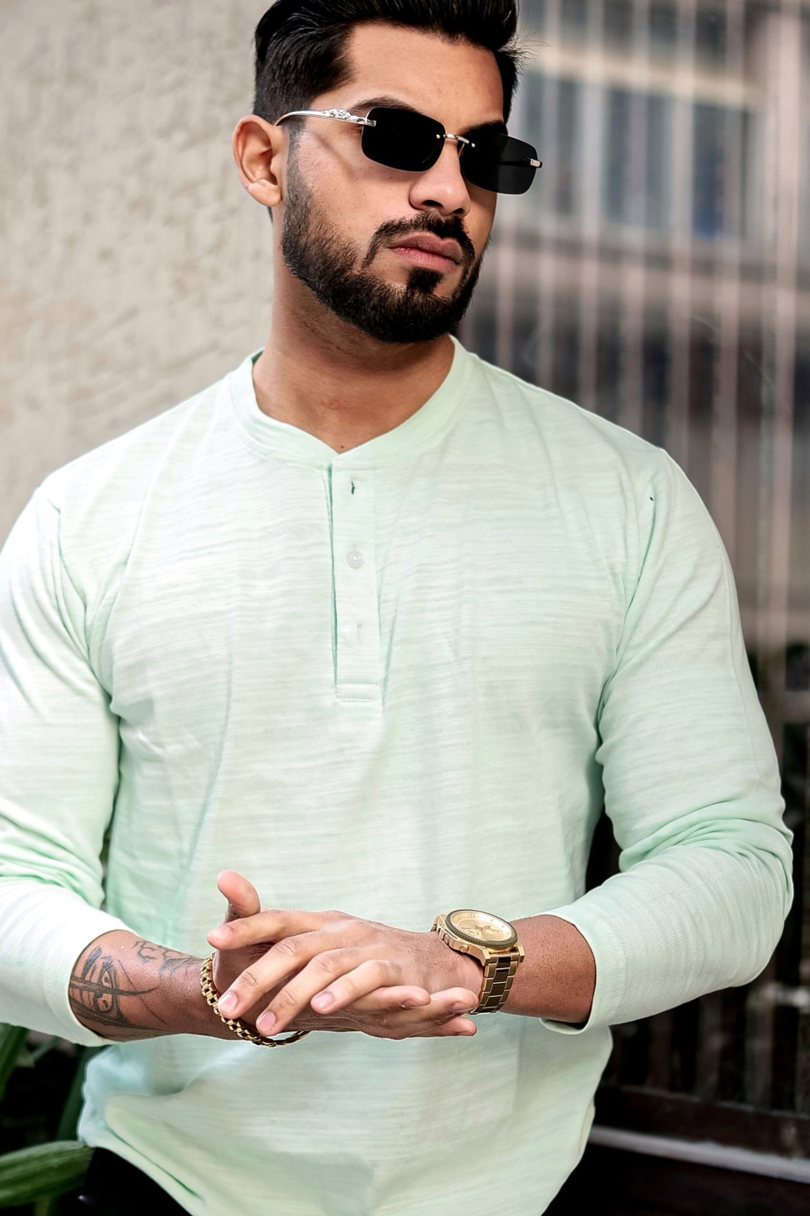 Green Self Design Henley T-Shirt