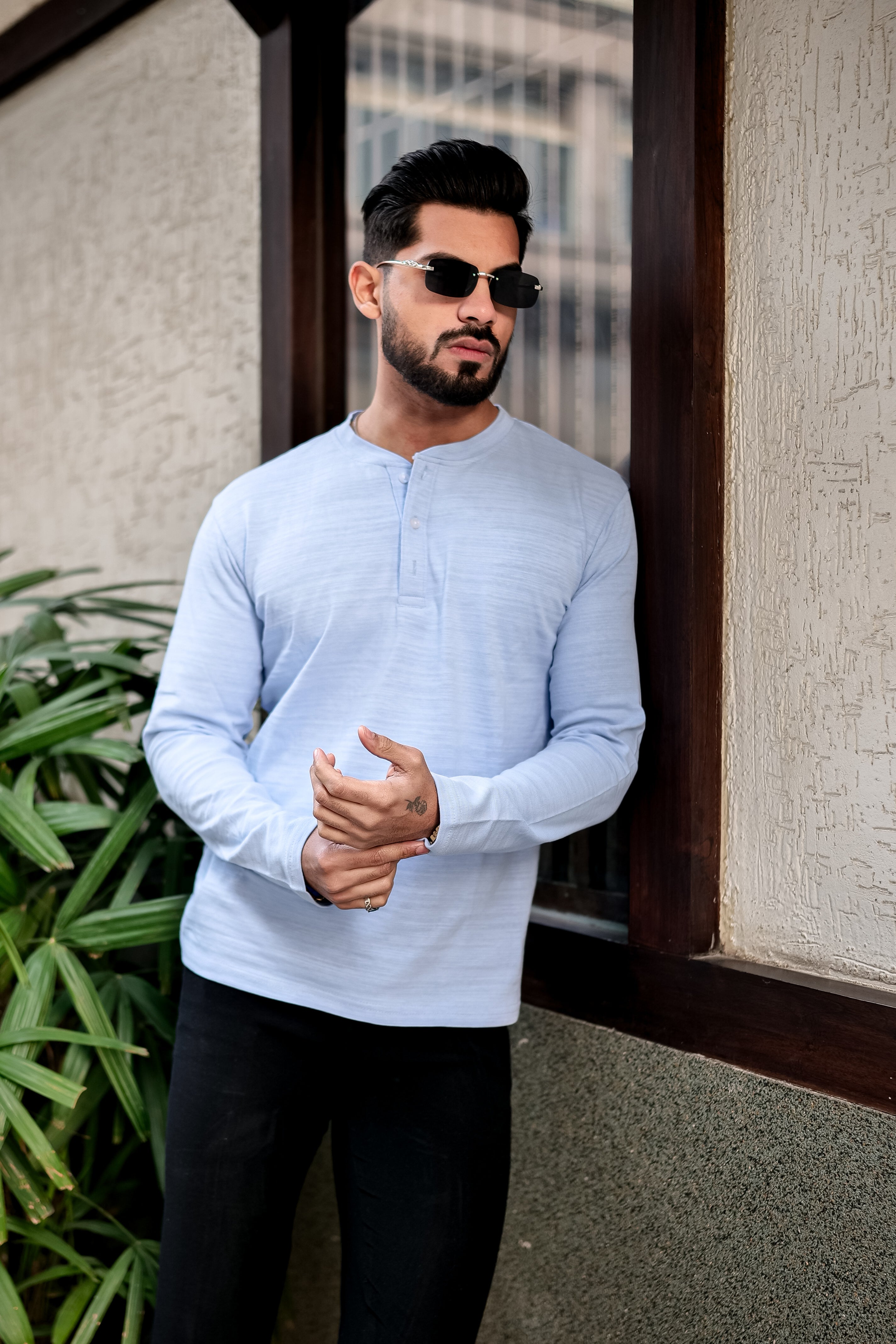 Sky Blue Self Design Henley T-Shirt