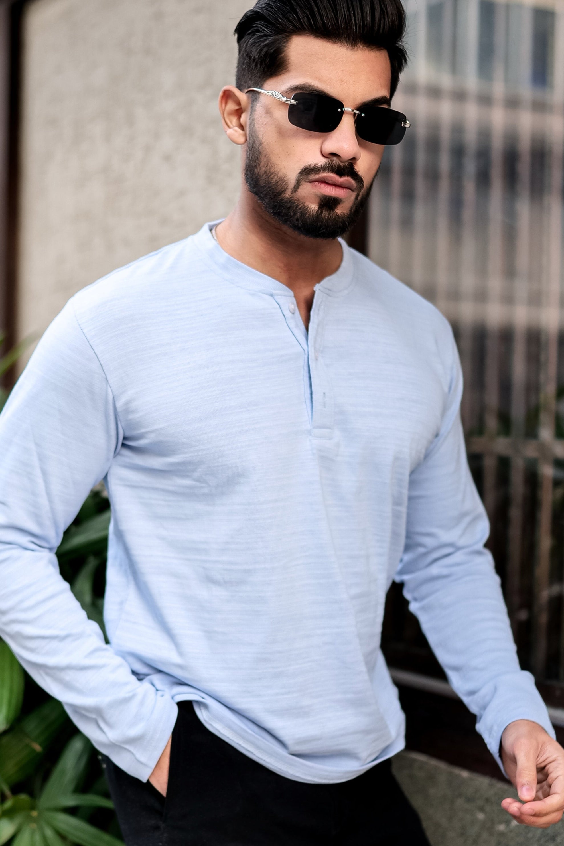 Sky Blue Self Design Henley T-Shirt