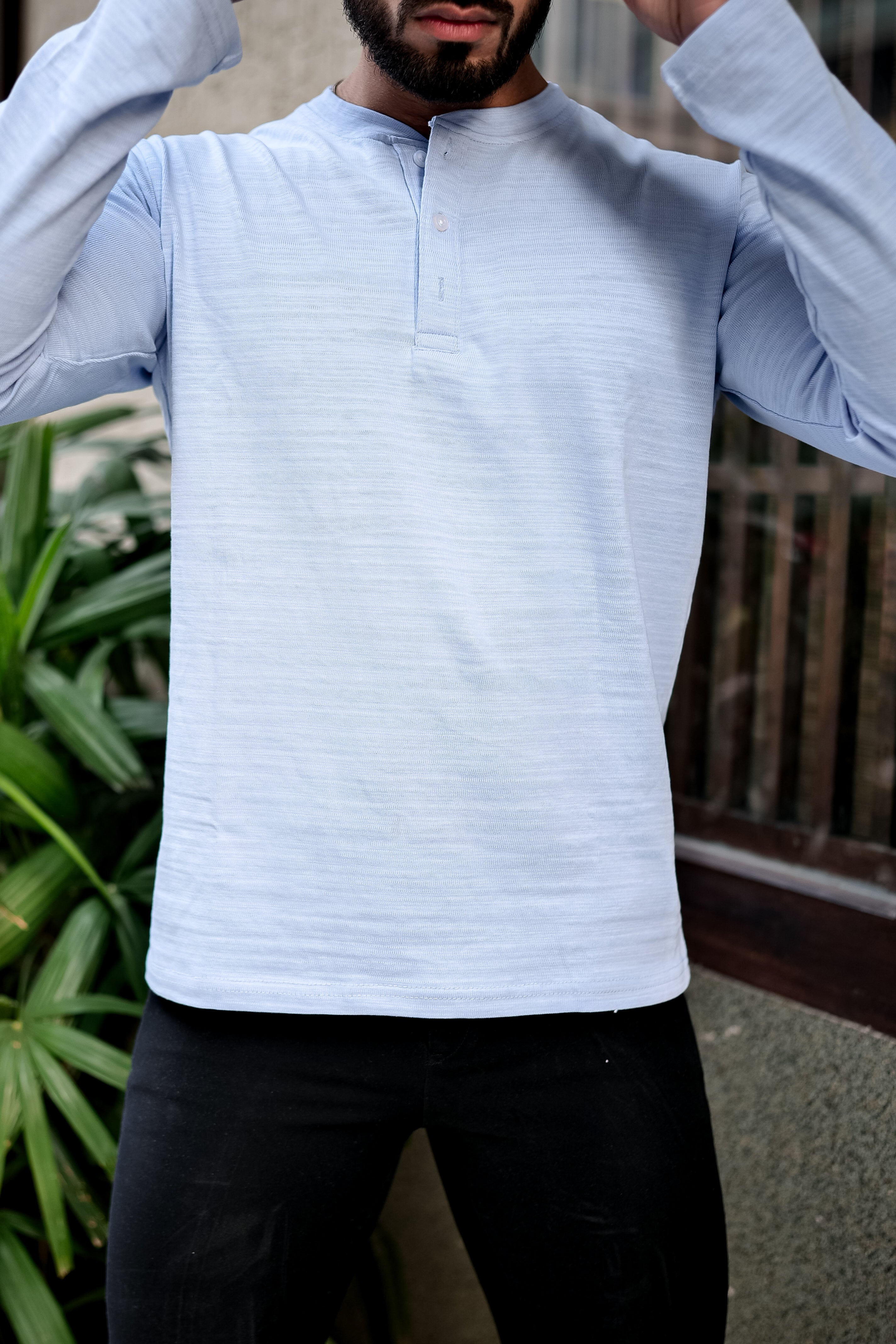 Sky Blue Self Design Henley T-Shirt