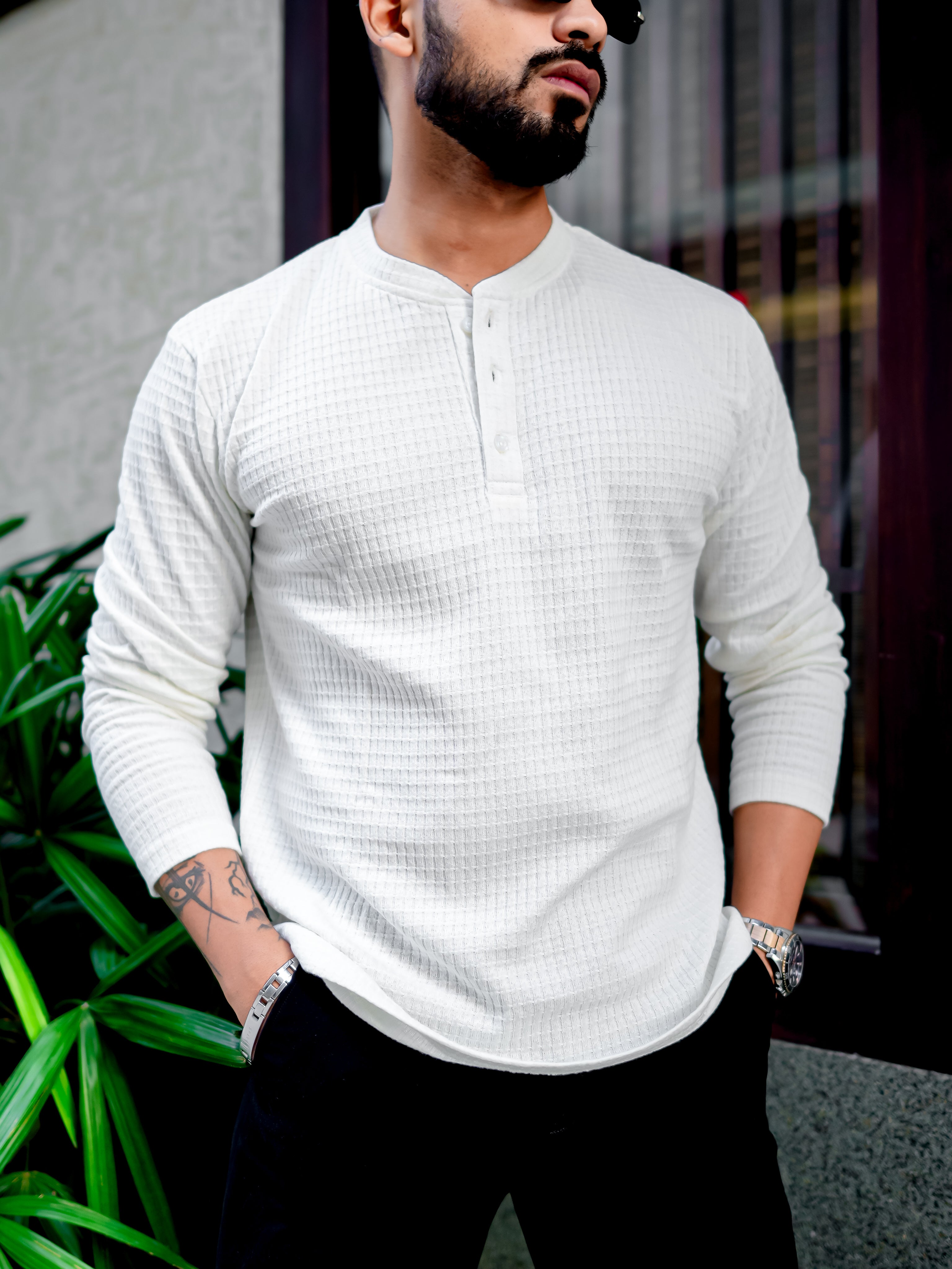 White Waffle Square Henley T-Shirt