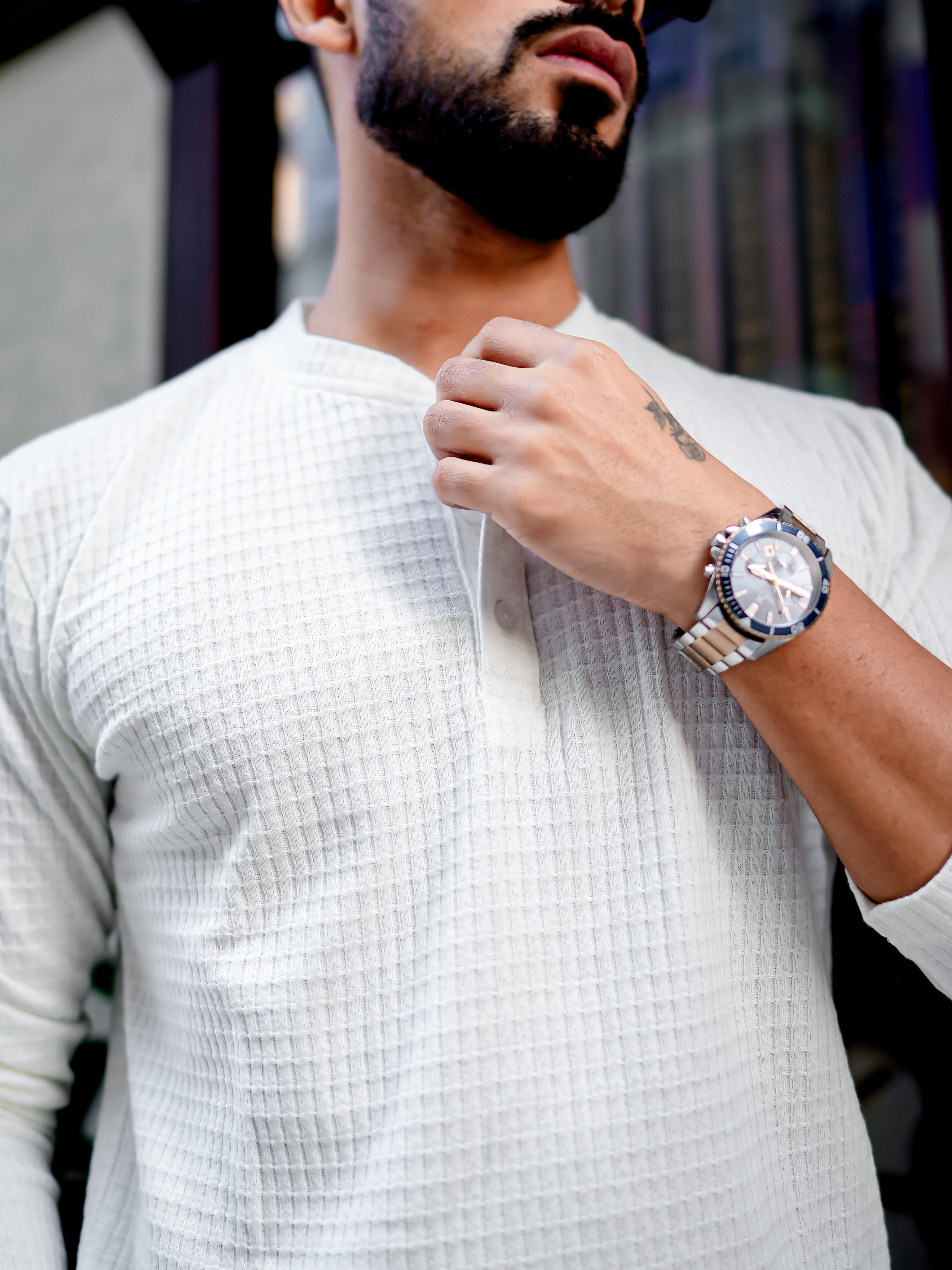 White Waffle Square Henley T-Shirt