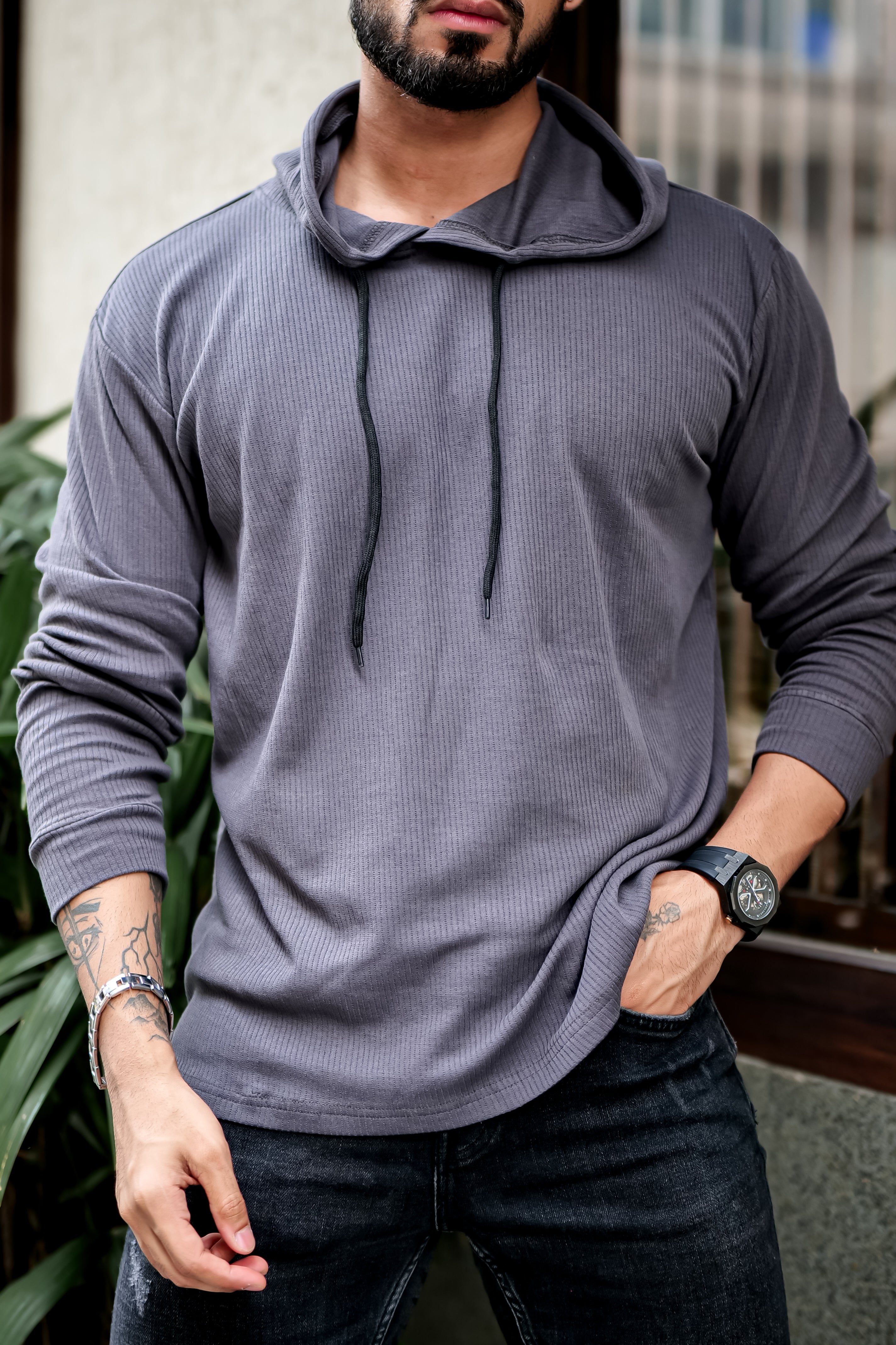 Dark Grey Waffle Hooded T-Shirt