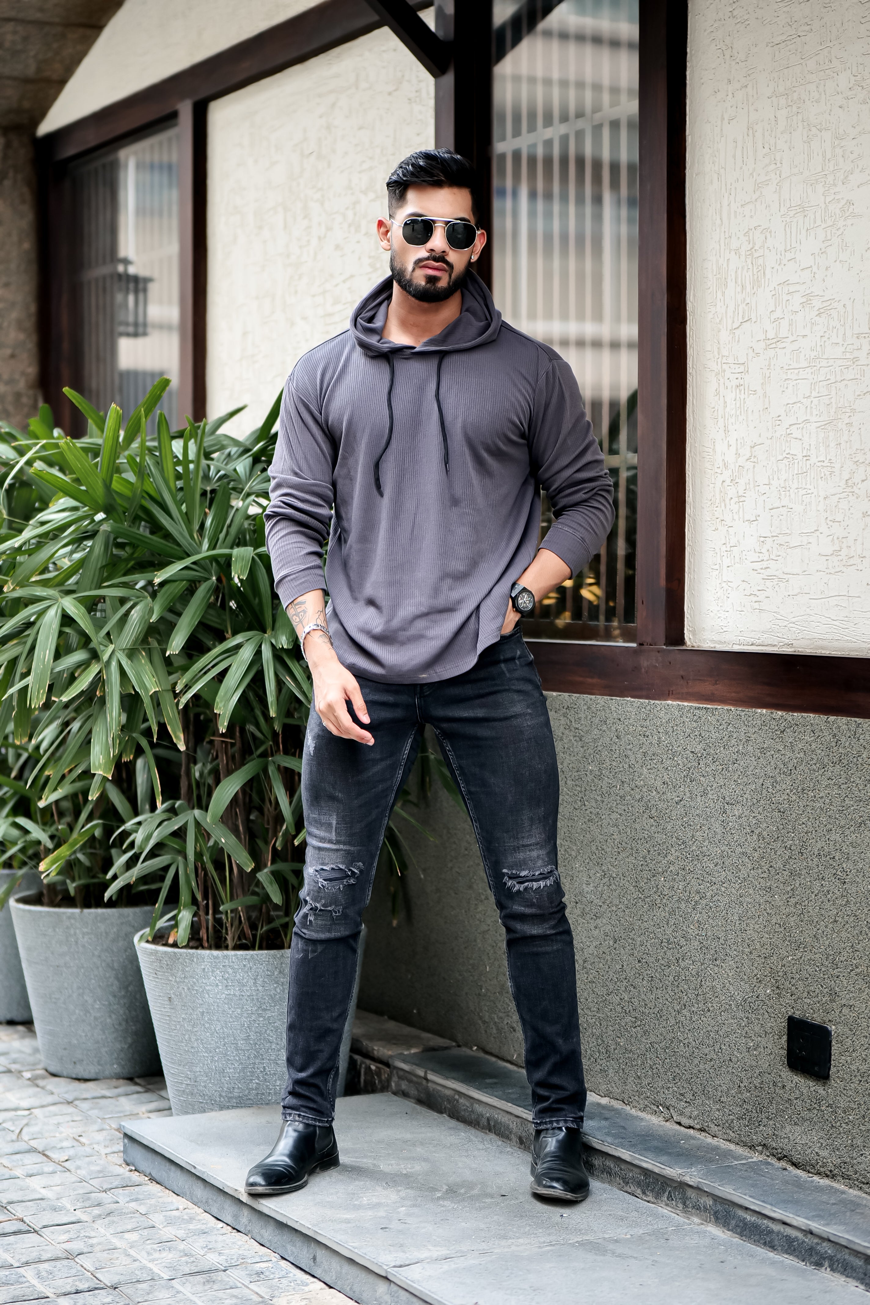 Dark Grey Waffle Hooded T-Shirt