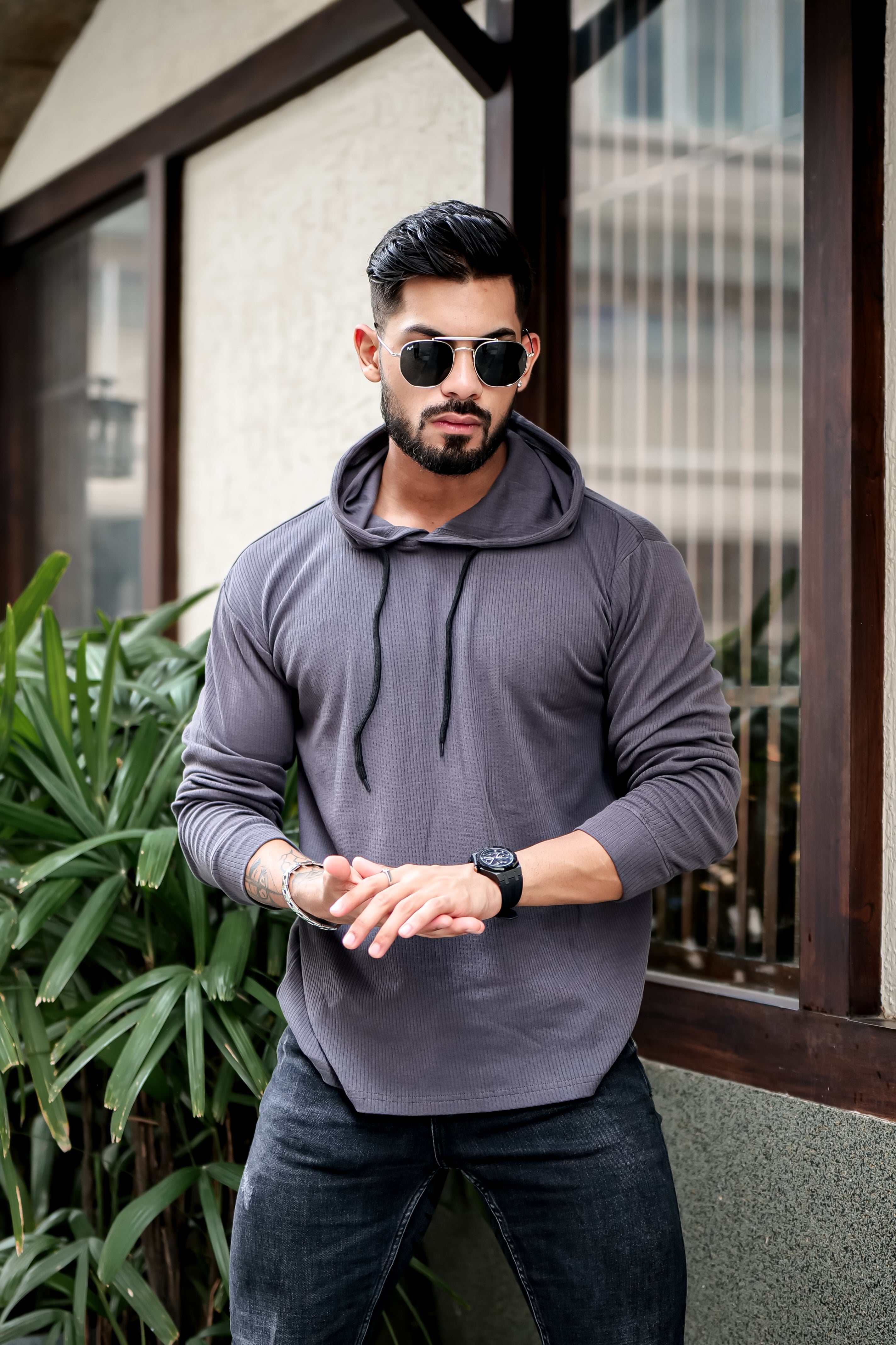 Dark Grey Waffle Hooded T-Shirt