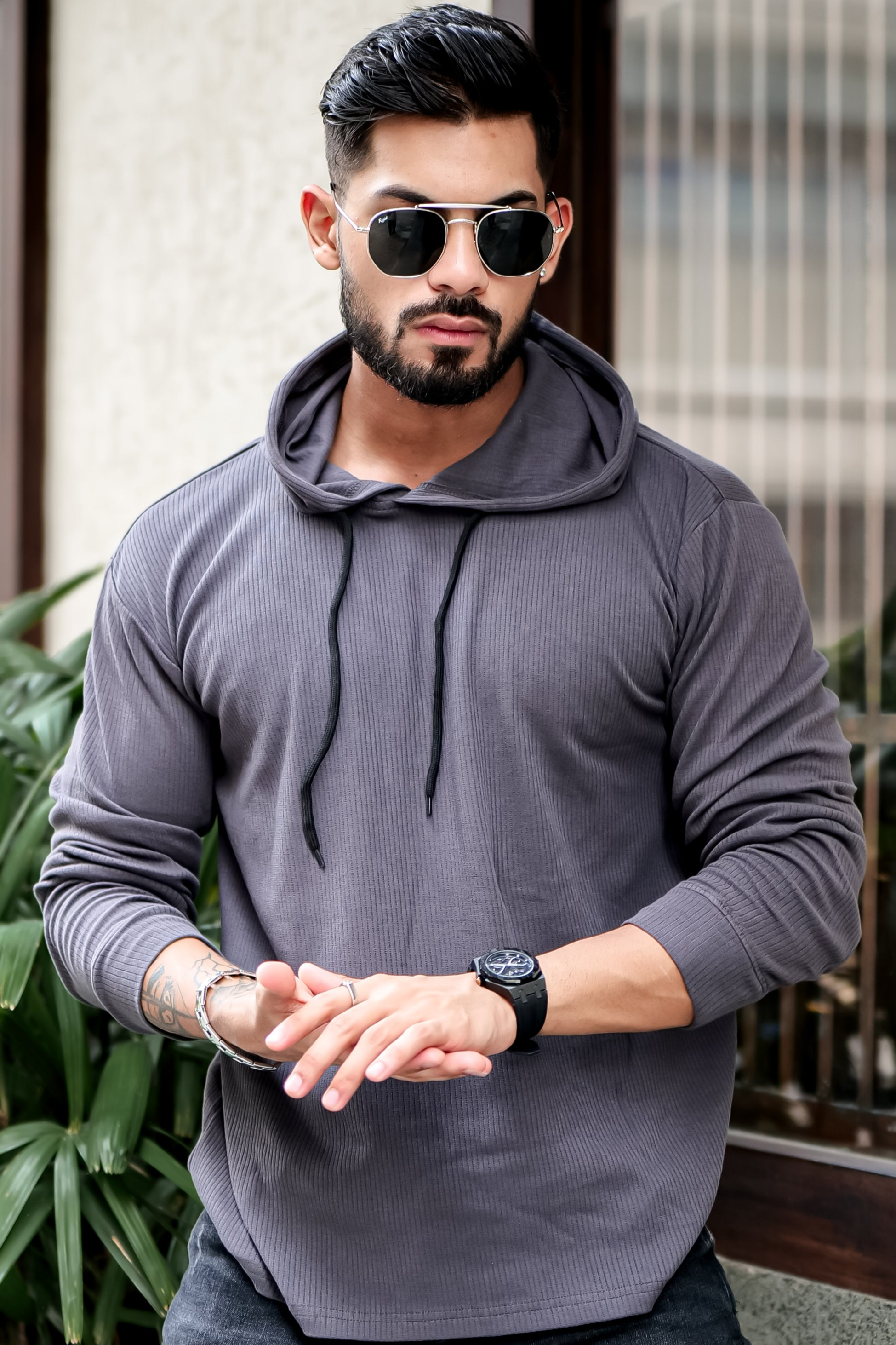 Dark Grey Waffle Hooded T-Shirt