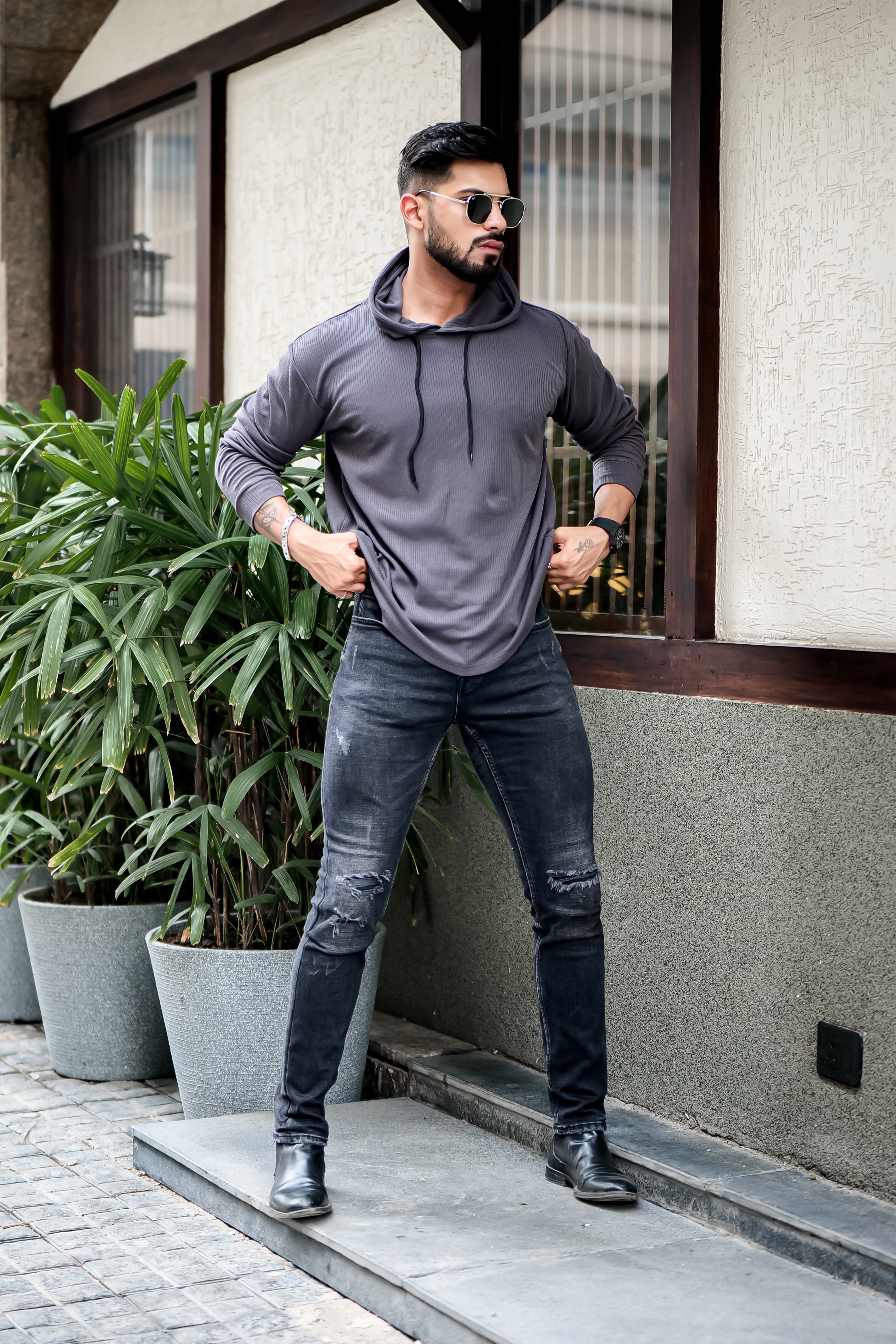 Dark Grey Waffle Hooded T-Shirt