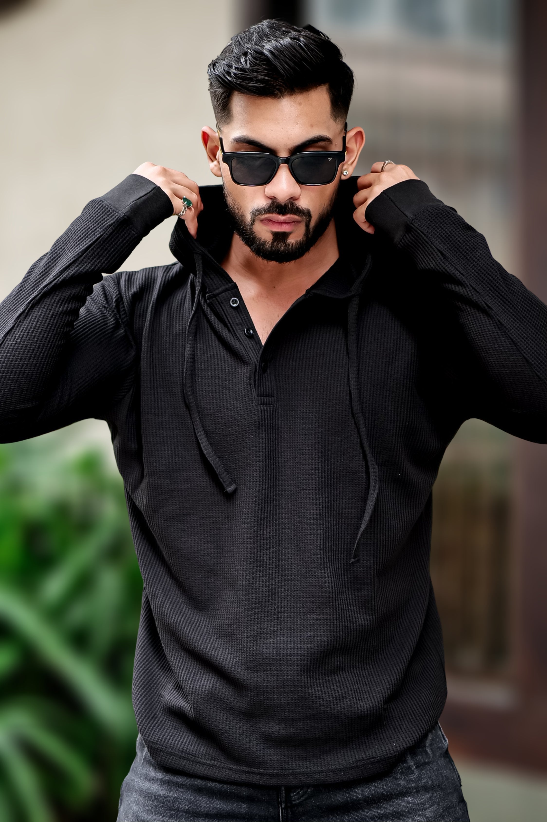 Black Waffle Placket Hooded T-Shirt