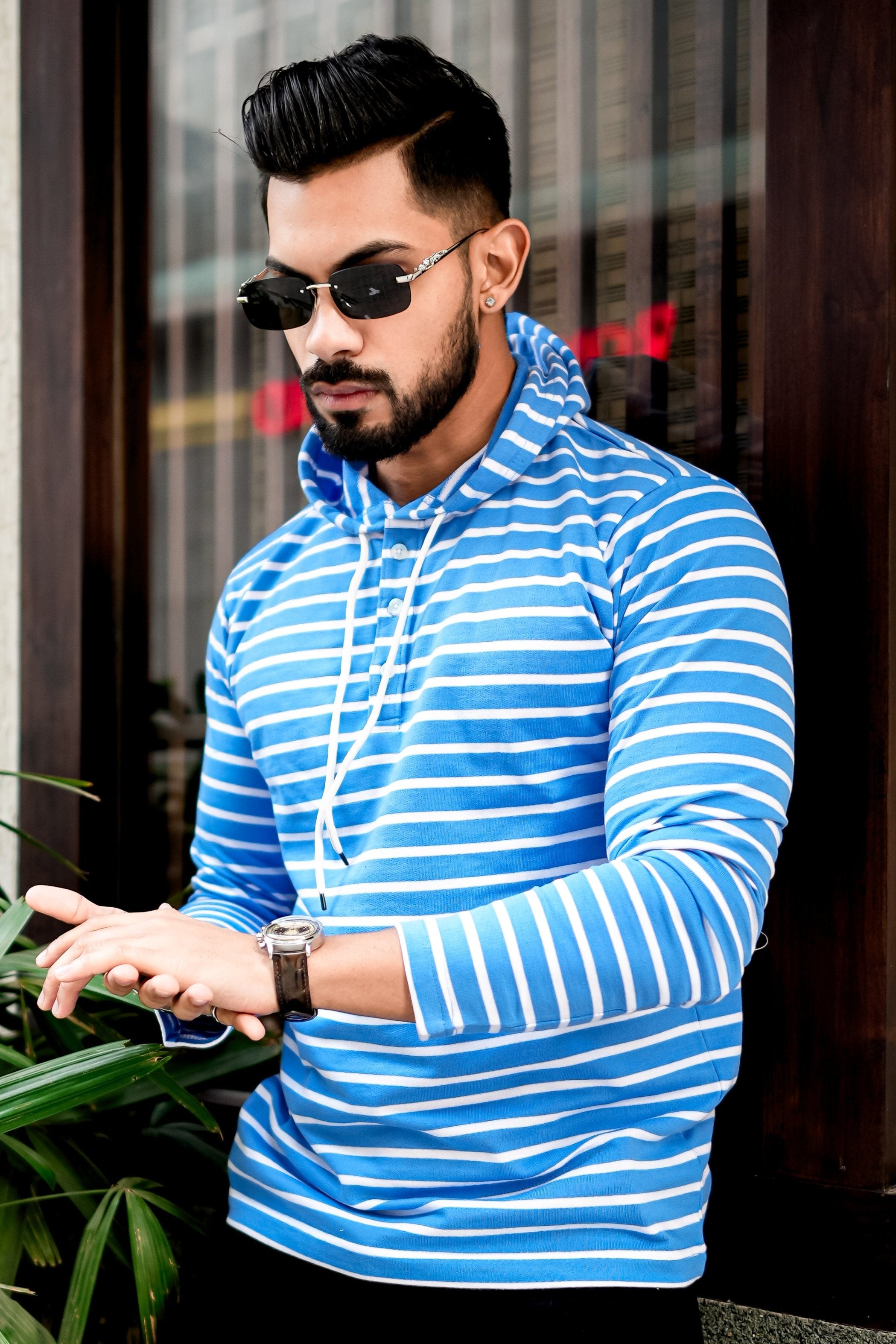 Blue White Striper Buttoned Hooded T-Shirt