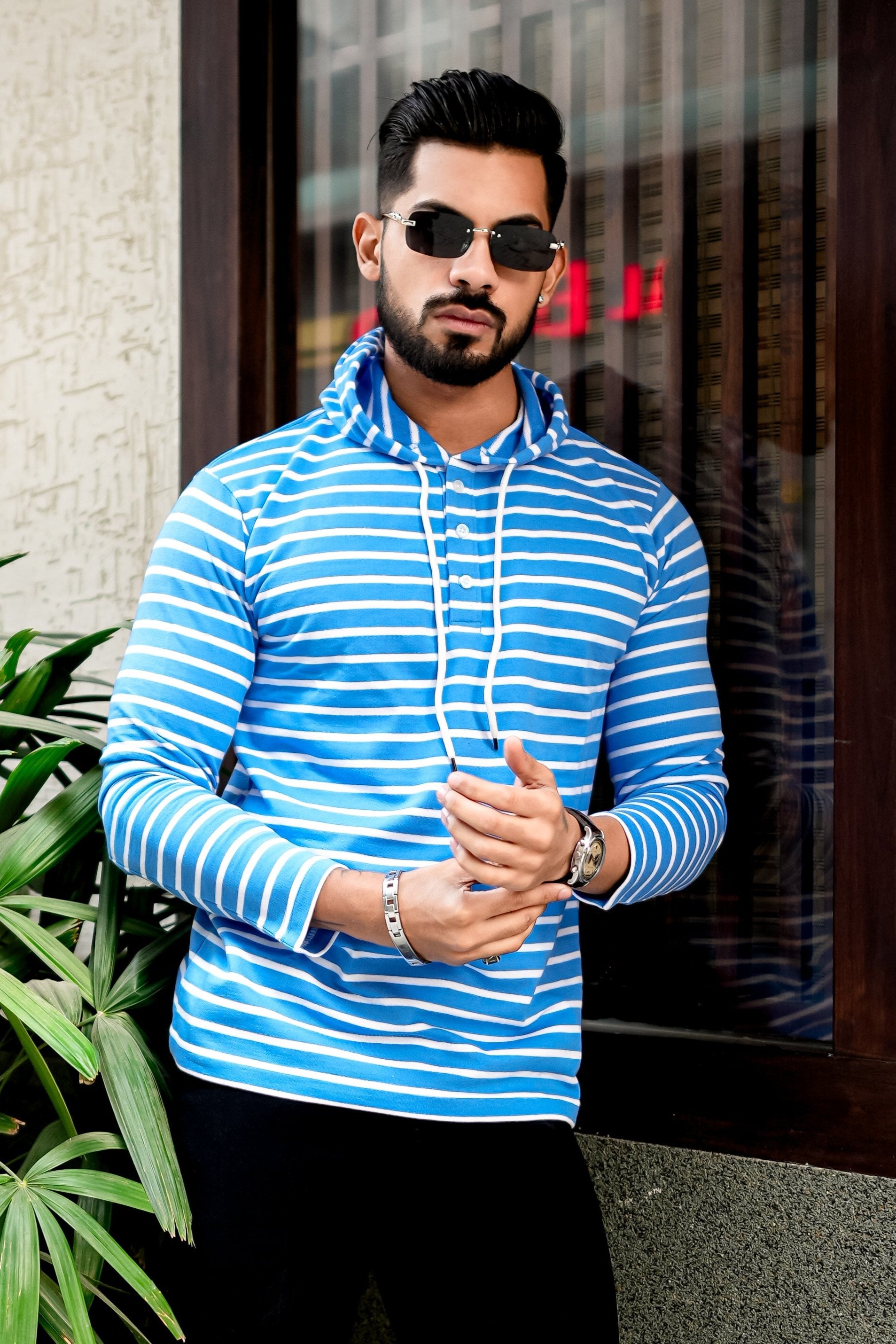 Blue White Striper Buttoned Hooded T-Shirt