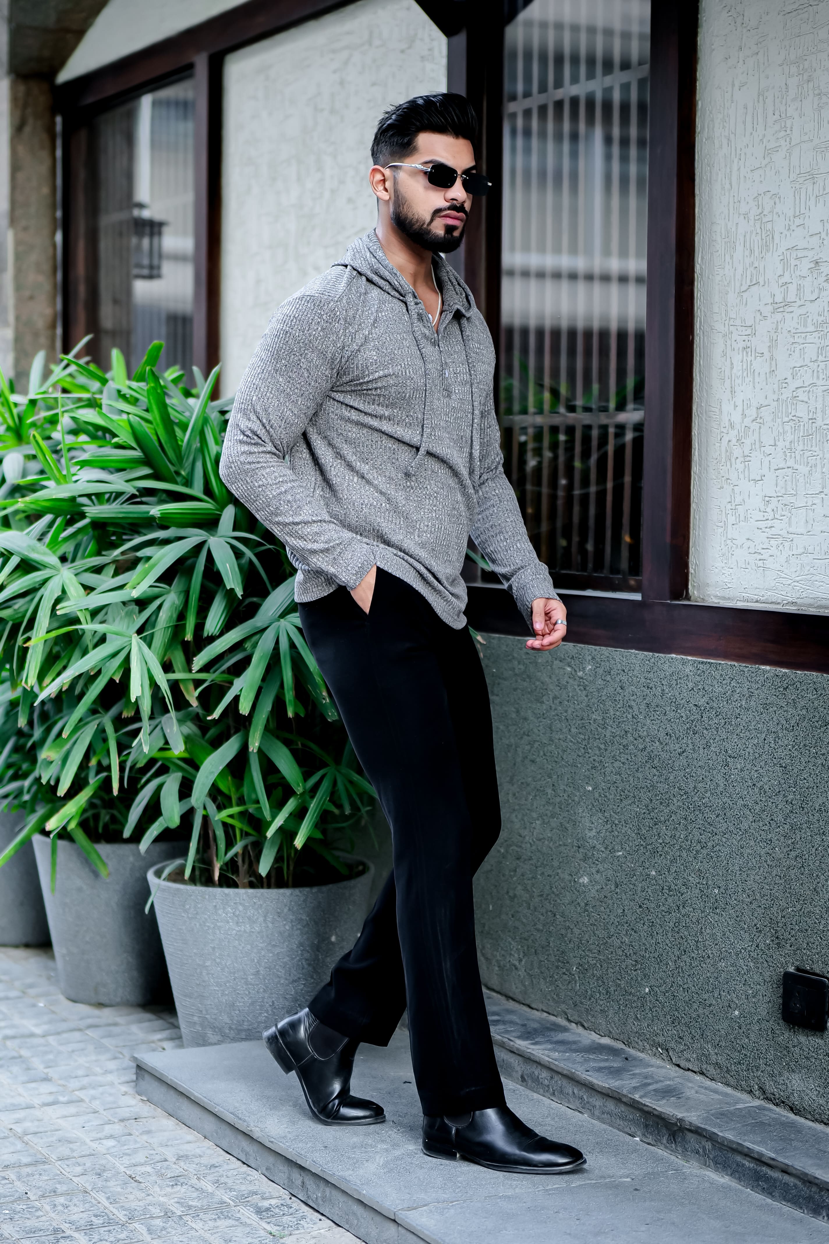 Grey Self Design Placket Hooded T-Shirt