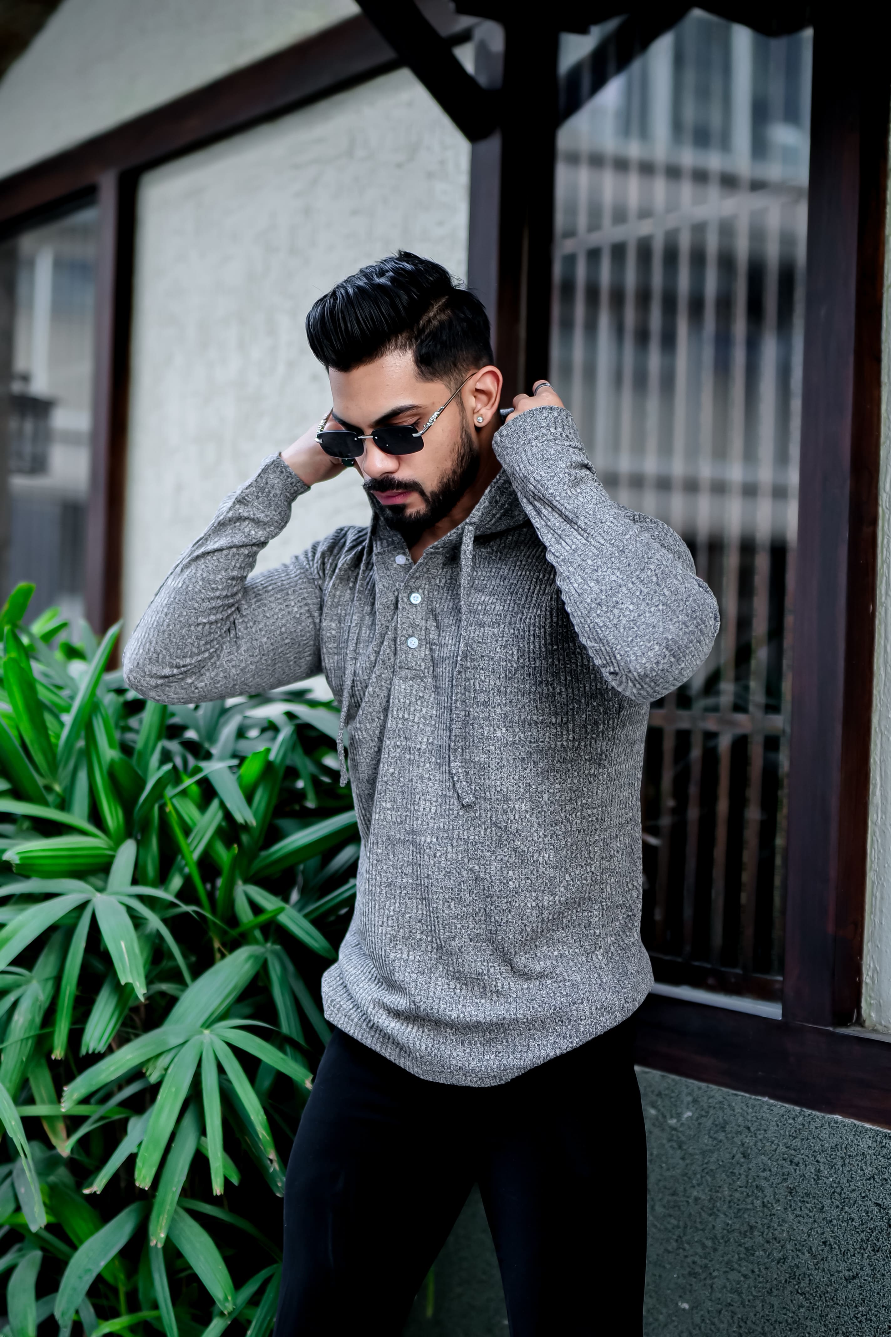 Grey Self Design Placket Hooded T-Shirt