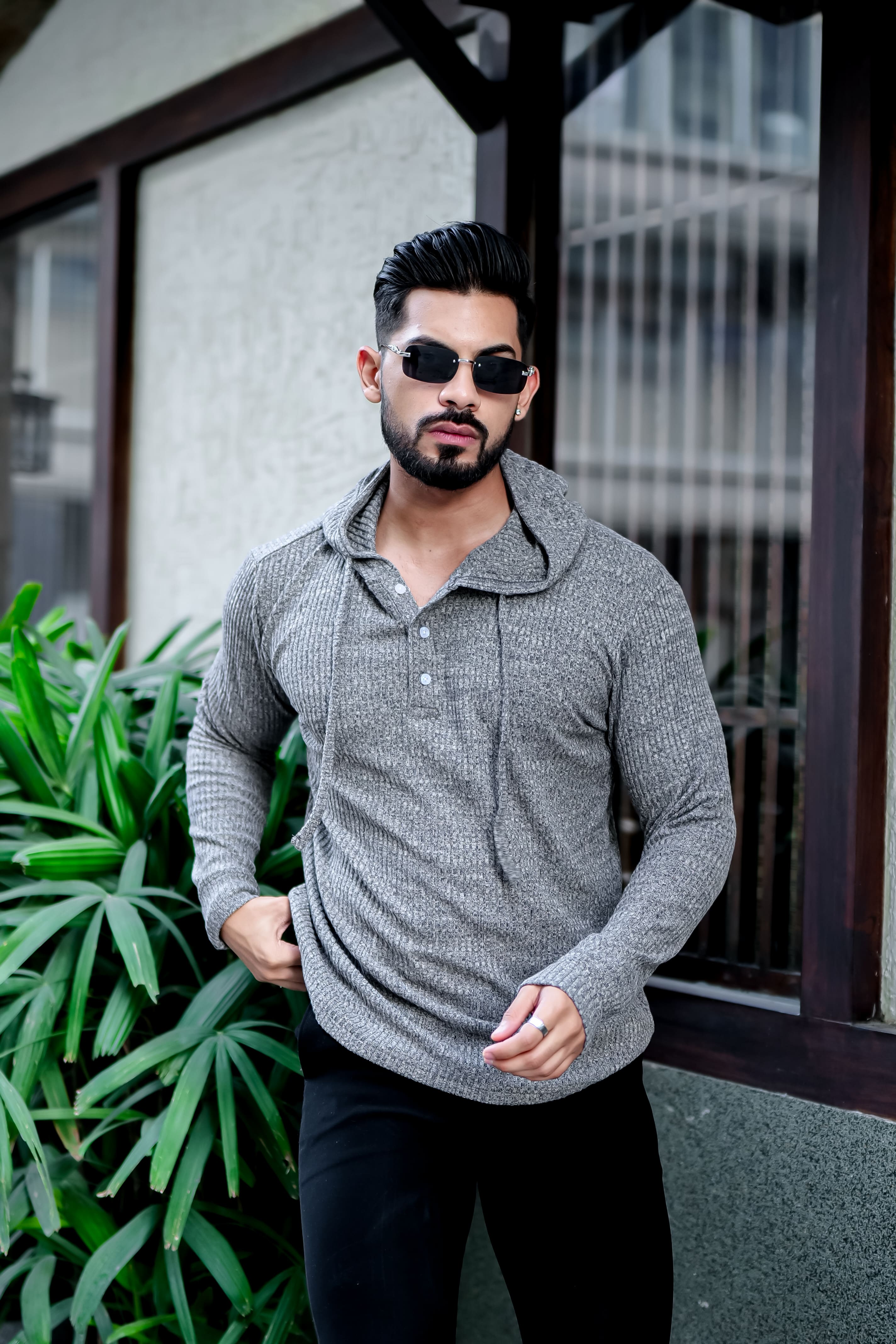 Grey Self Design Placket Hooded T-Shirt