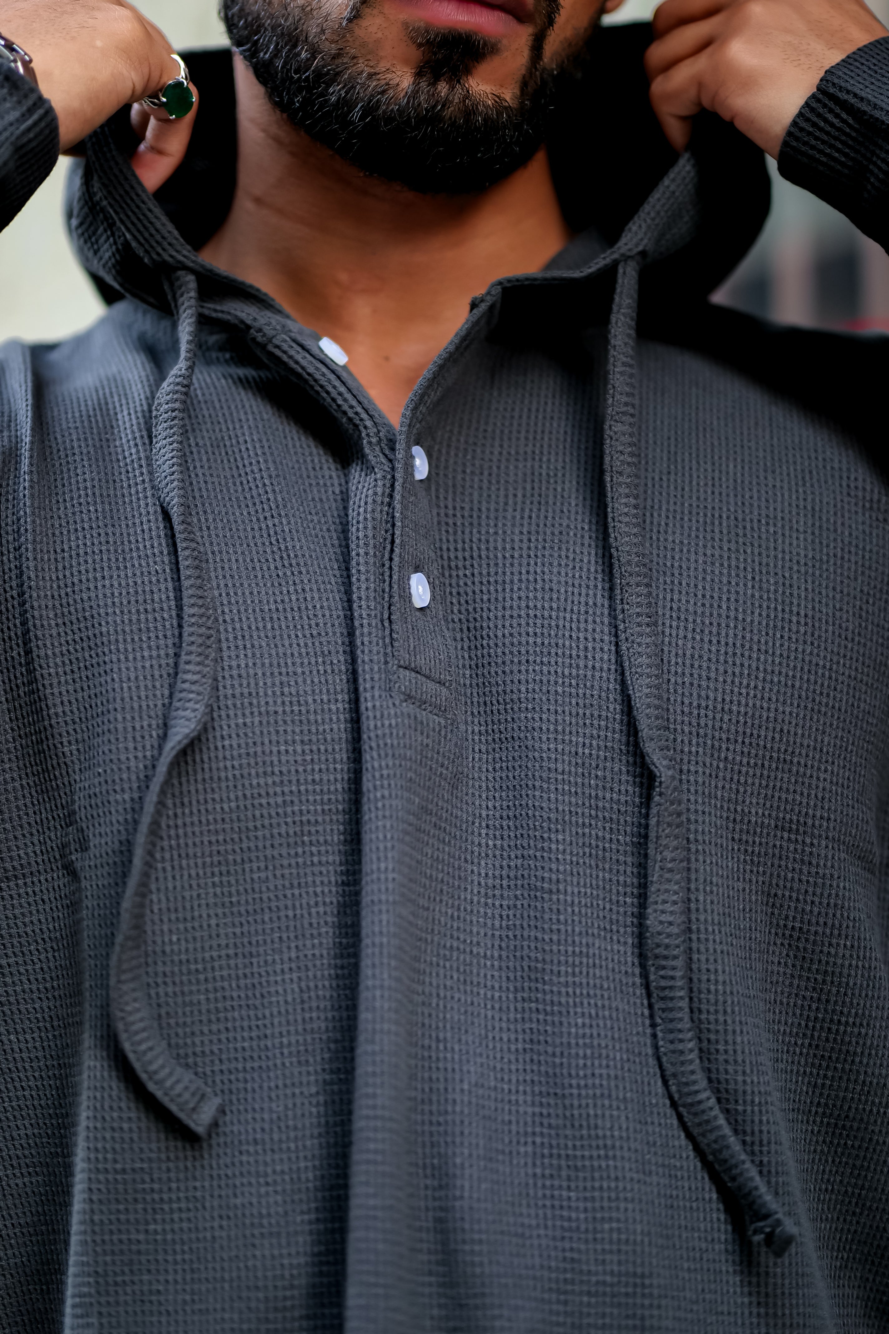 Dark Grey Waffle Placket Hooded T-Shirt