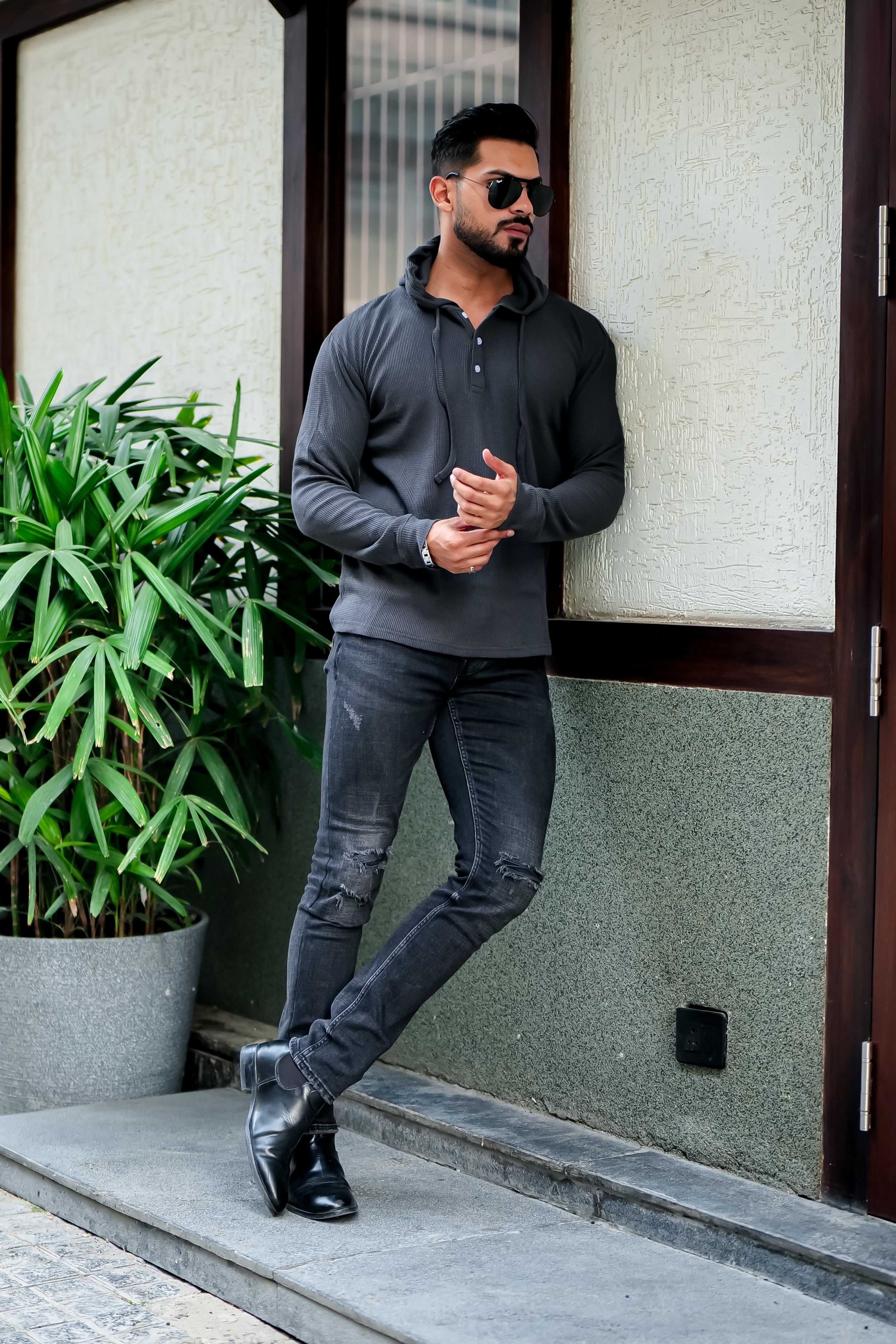 Dark Grey Waffle Placket Hooded T-Shirt