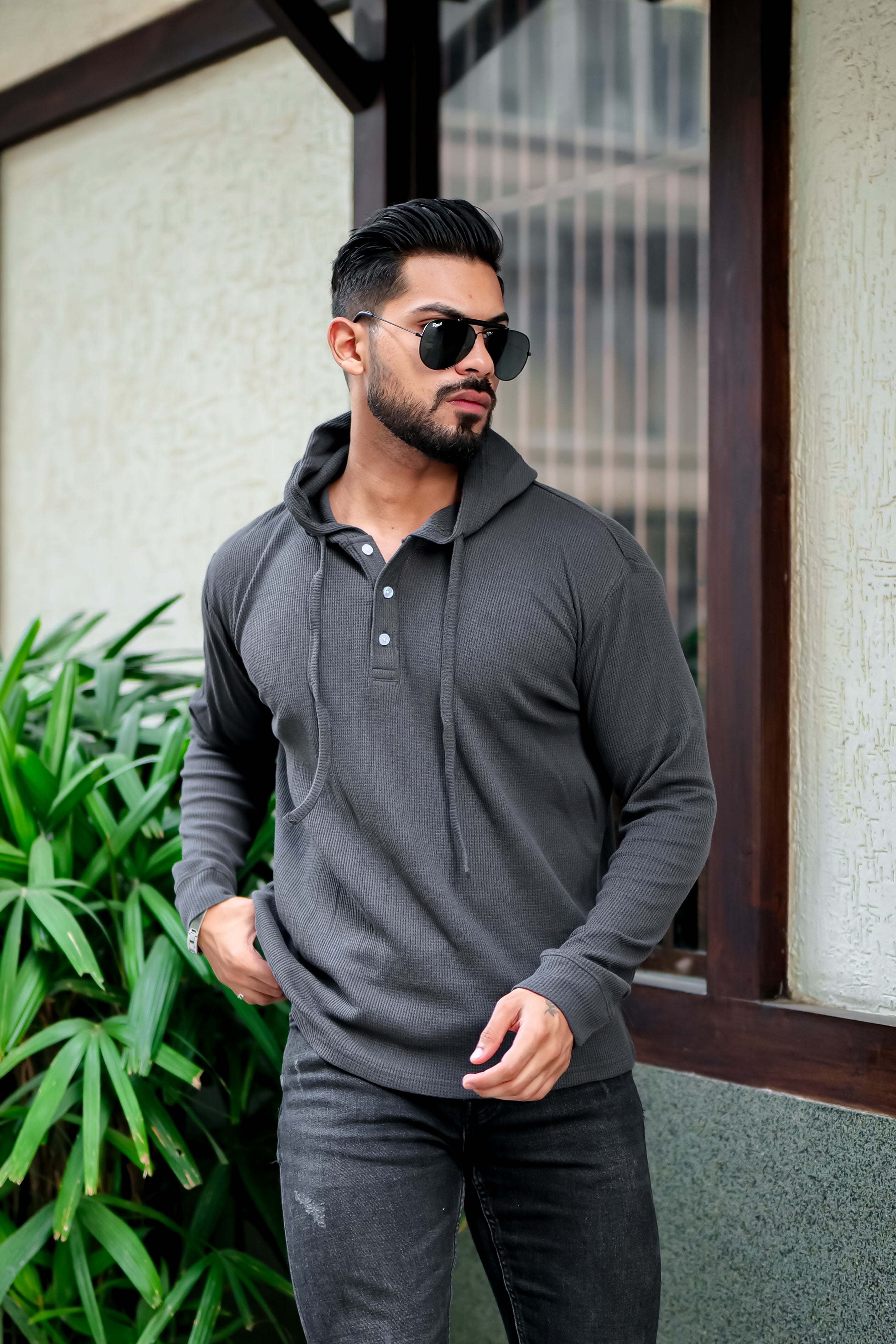 Dark Grey Waffle Placket Hooded T-Shirt