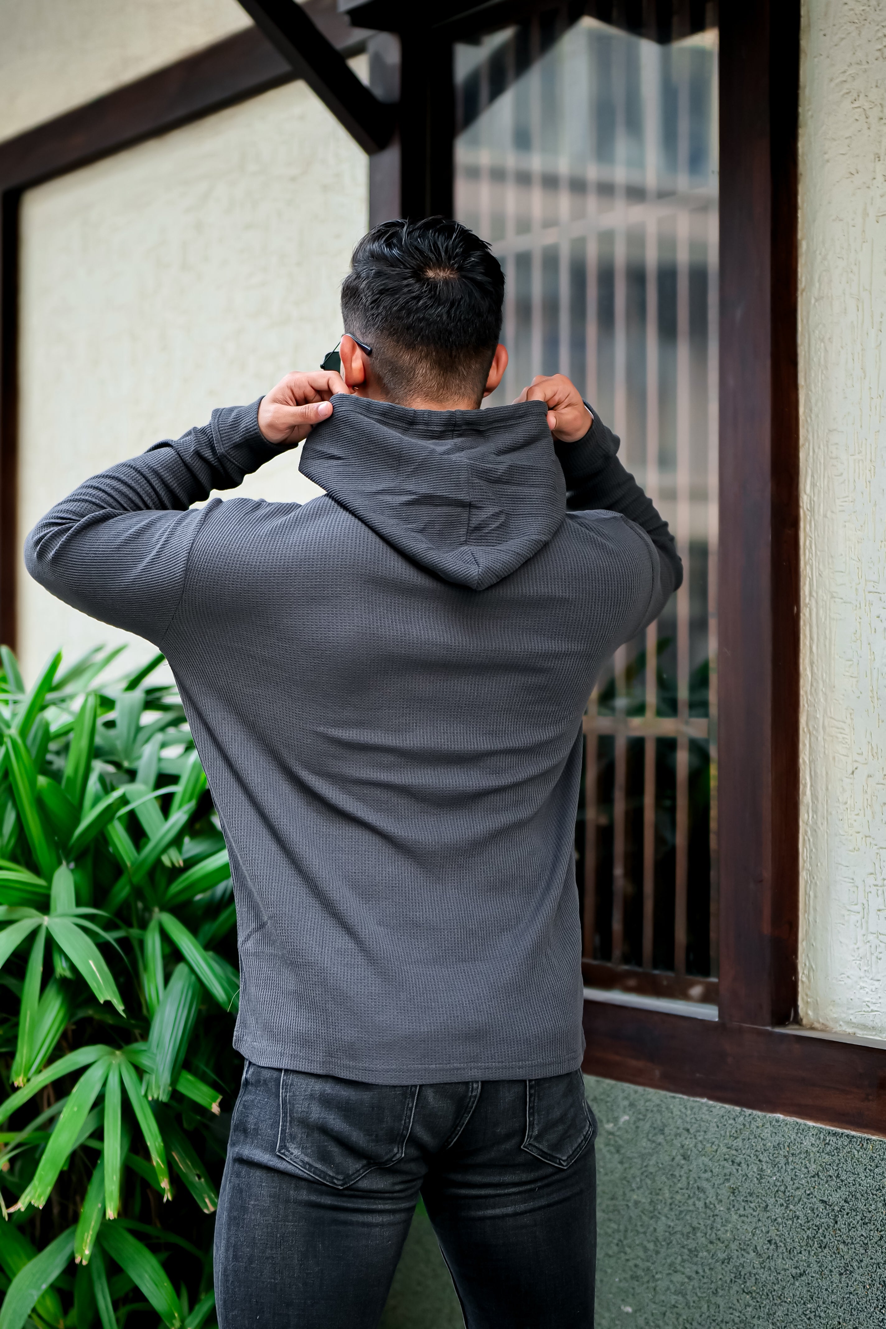 Dark Grey Waffle Placket Hooded T-Shirt