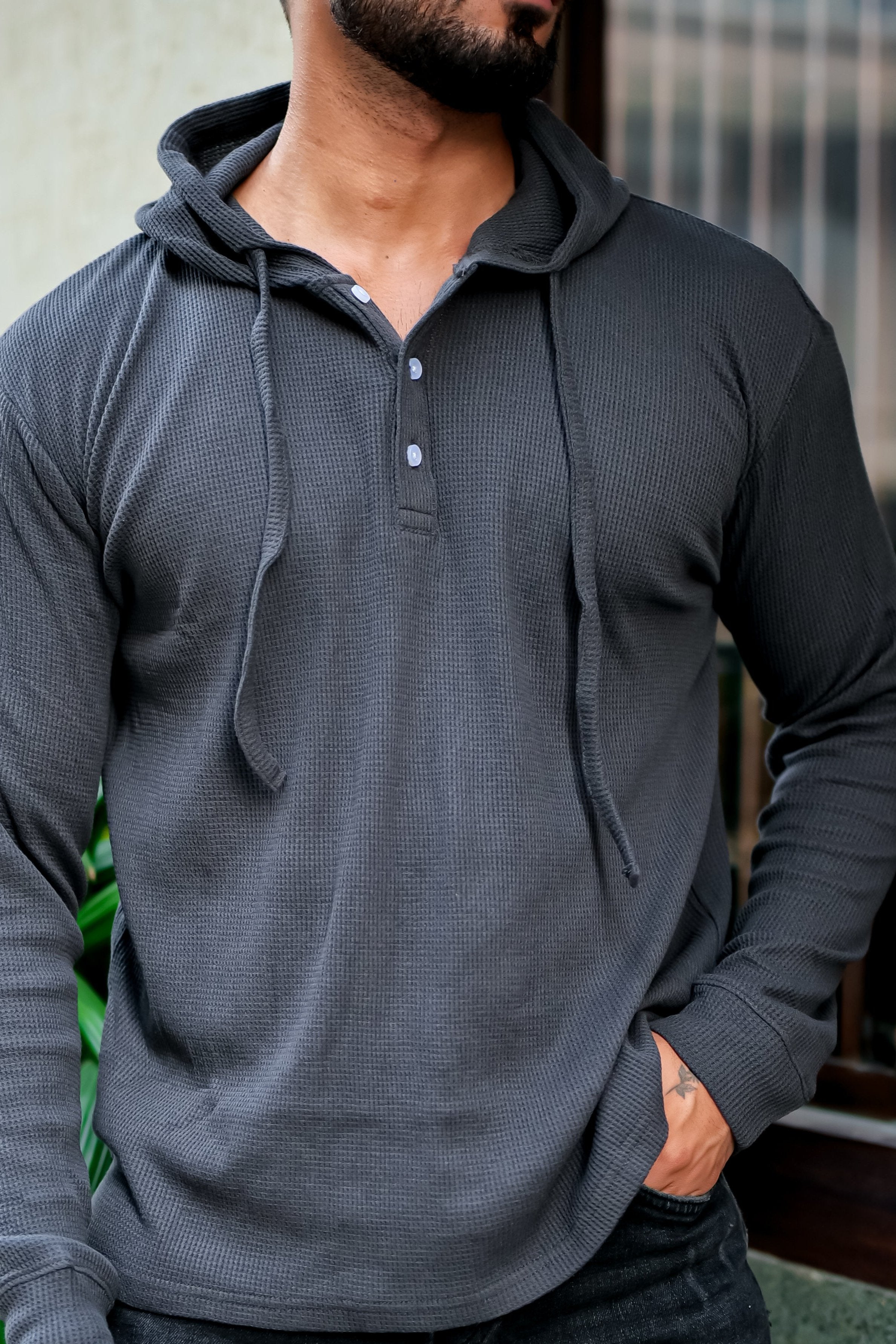 Dark Grey Waffle Placket Hooded T-Shirt