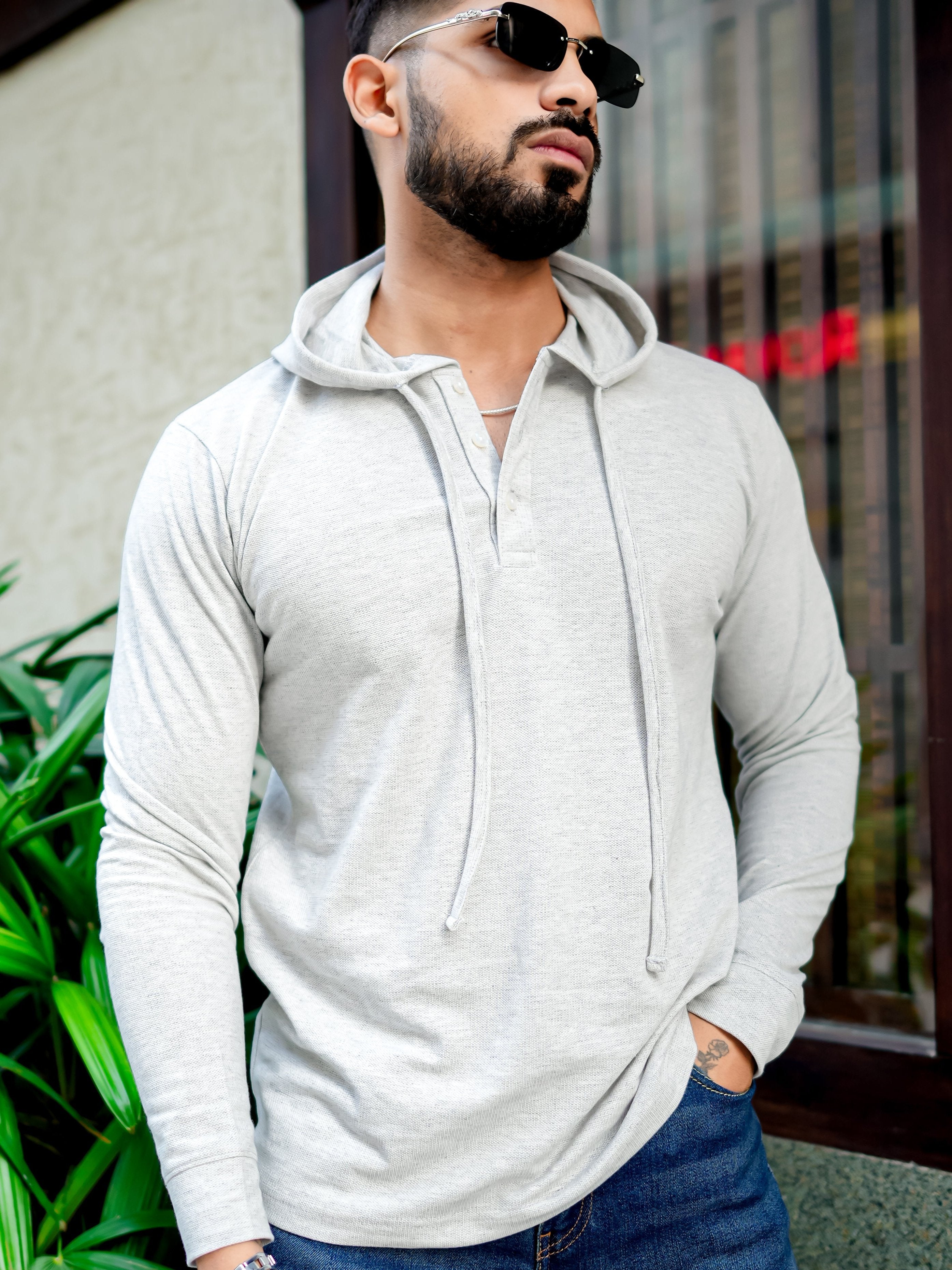 Grey Melange Placket Hooded T-Shirt