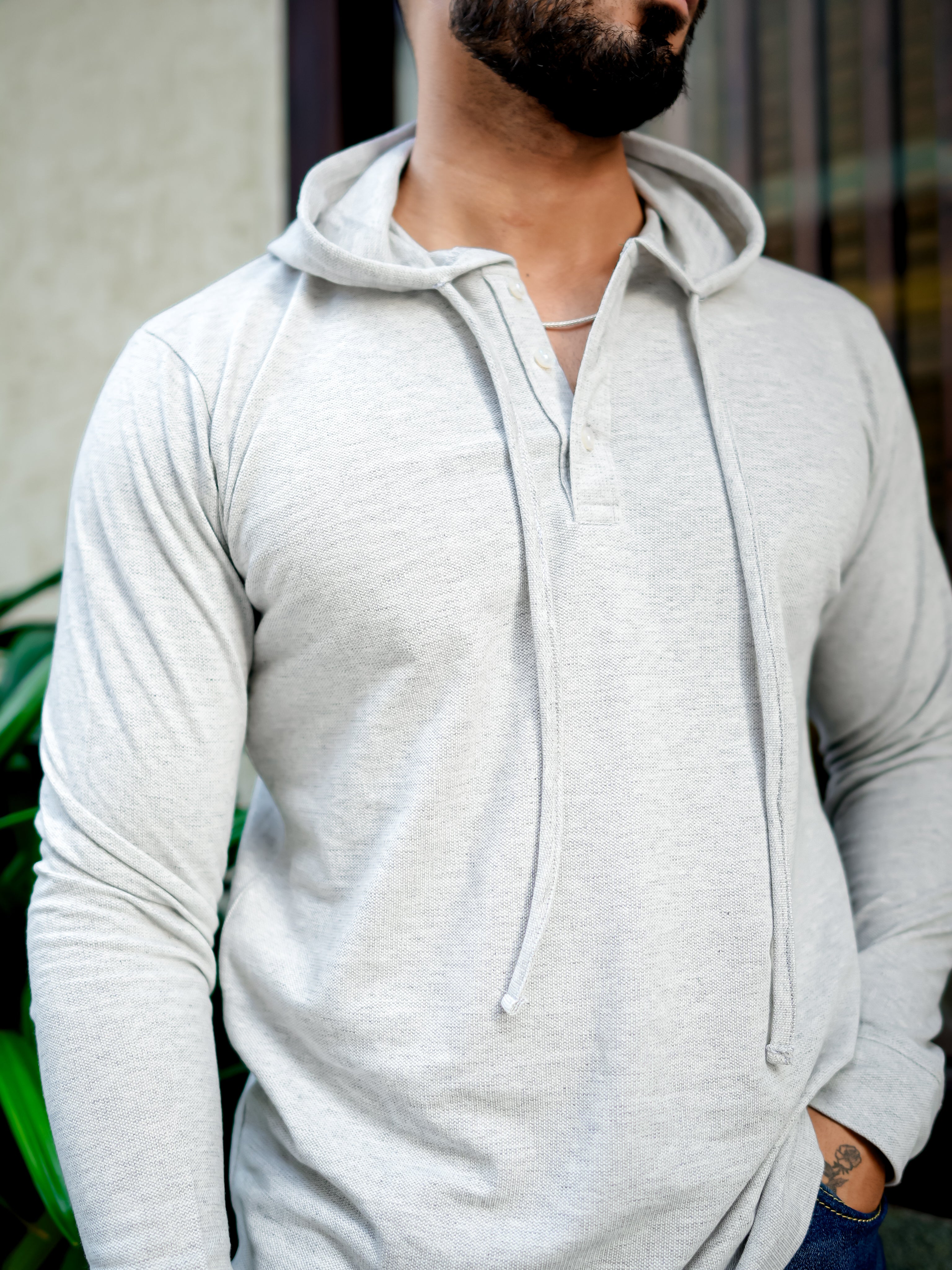 Grey Melange Placket Hooded T-Shirt