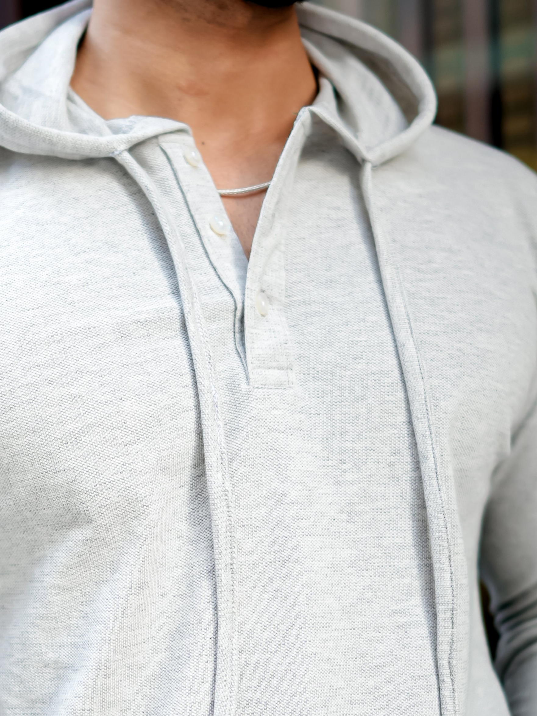 Grey Melange Placket Hooded T-Shirt