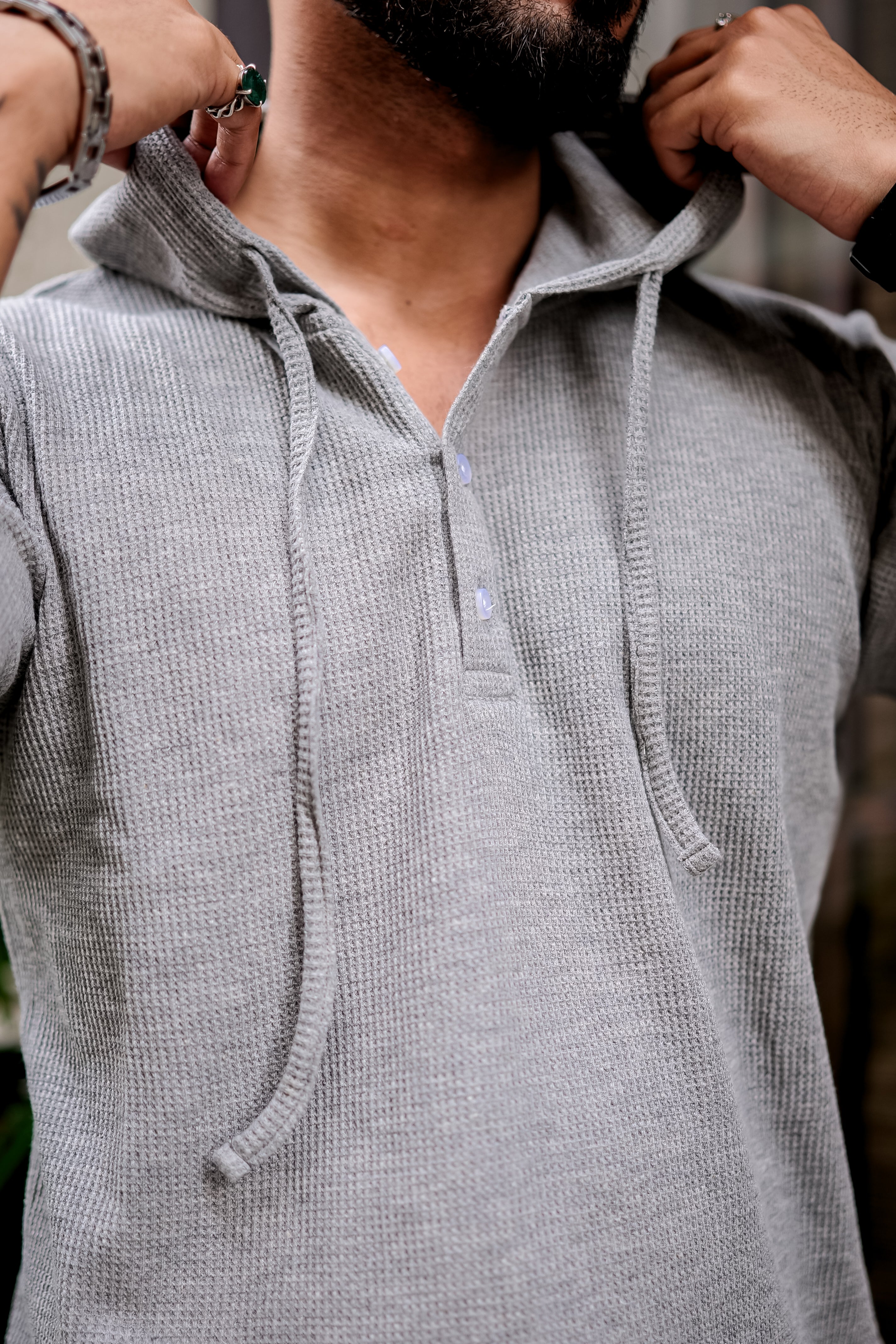 Grey Melange Waffle Placket Hooded T-Shirt