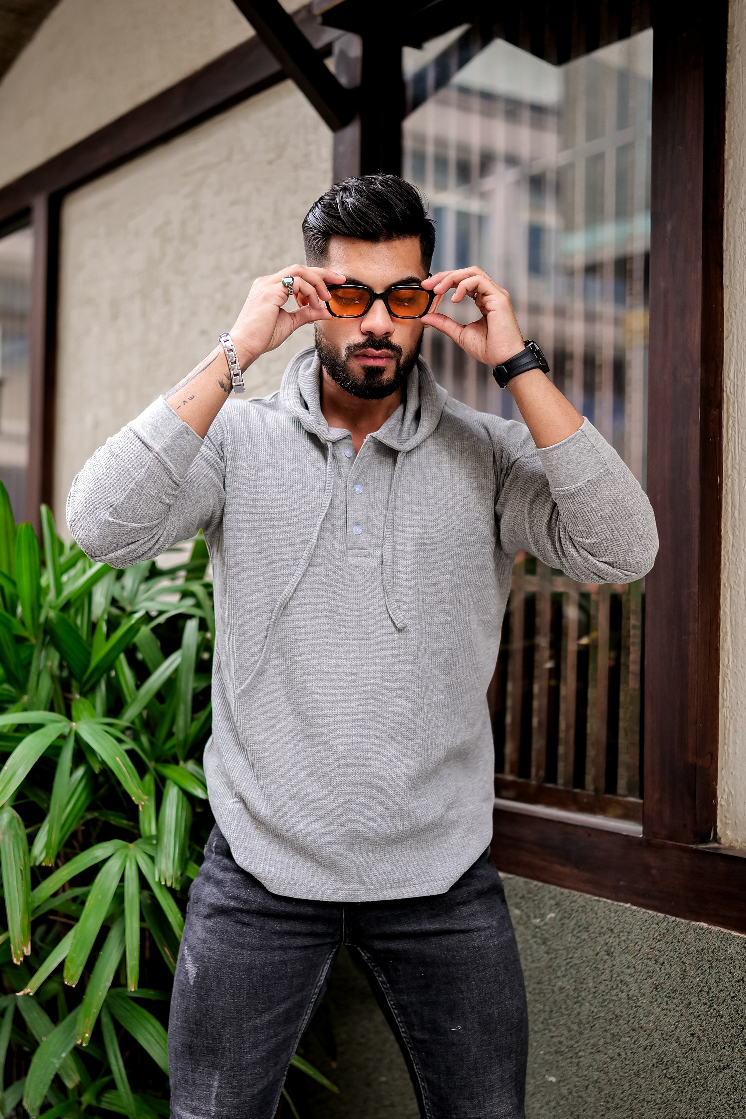 Grey Melange Waffle Placket Hooded T-Shirt