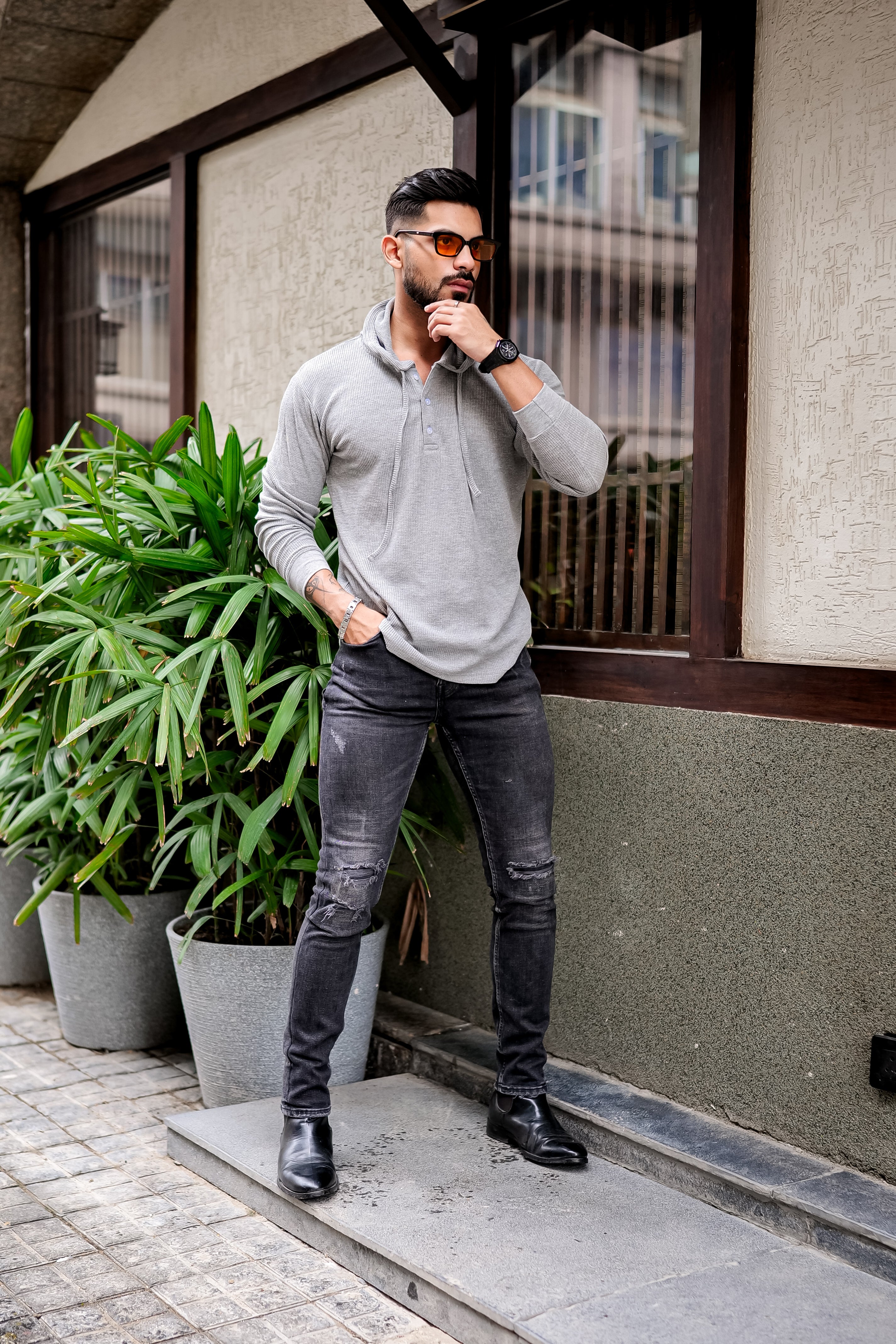 Grey Melange Waffle Placket Hooded T-Shirt