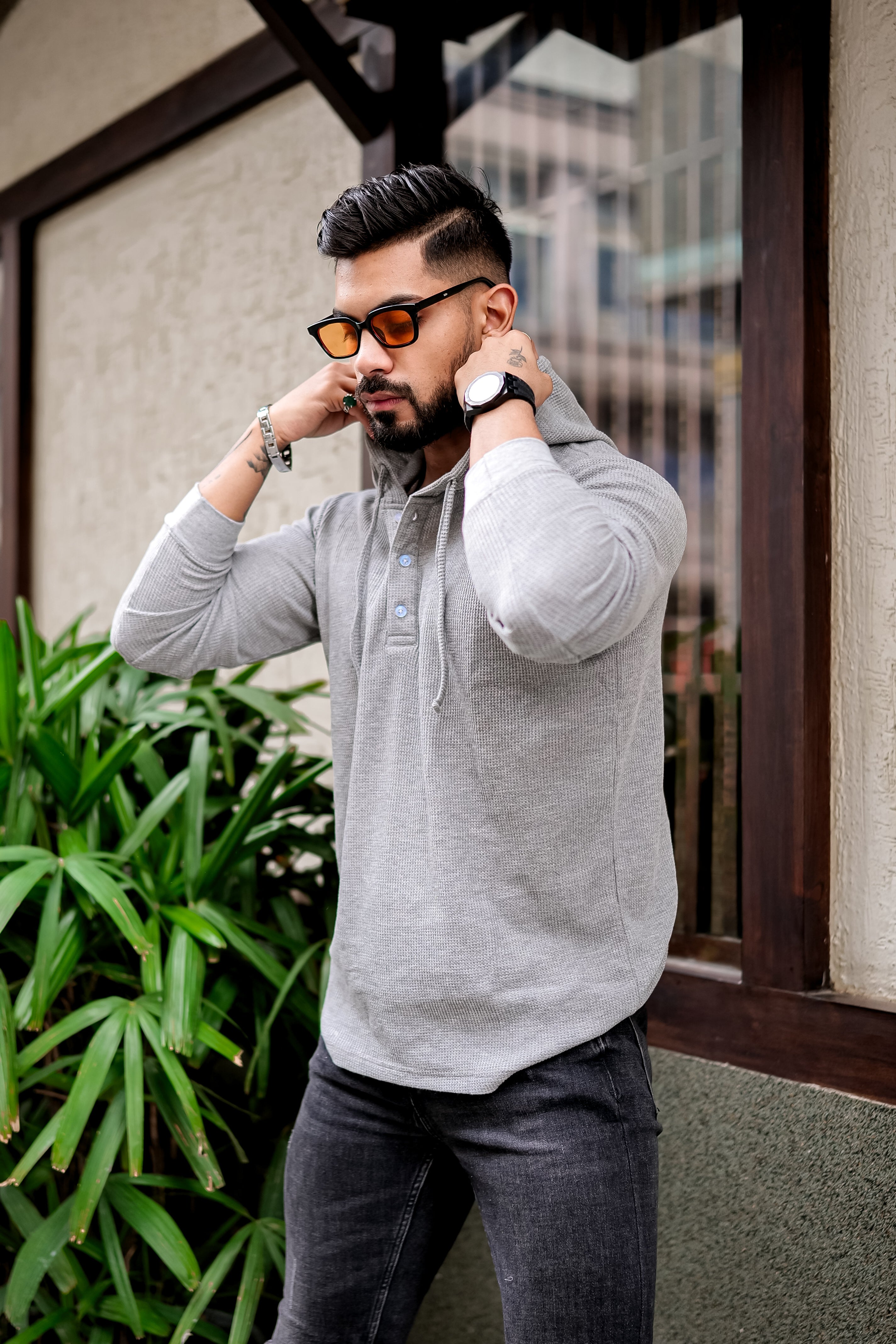 Grey Melange Waffle Placket Hooded T-Shirt