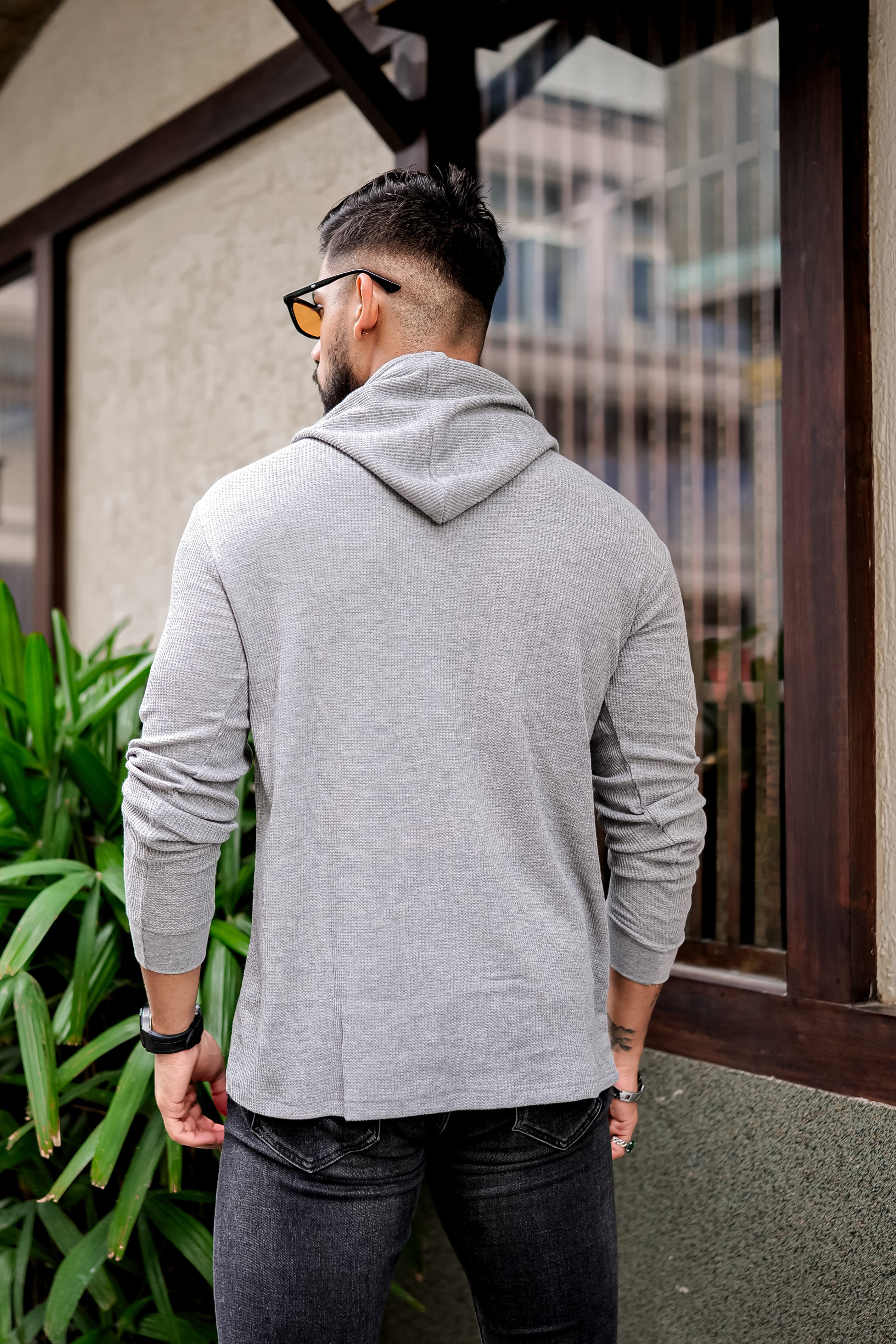 Grey Melange Waffle Placket Hooded T-Shirt