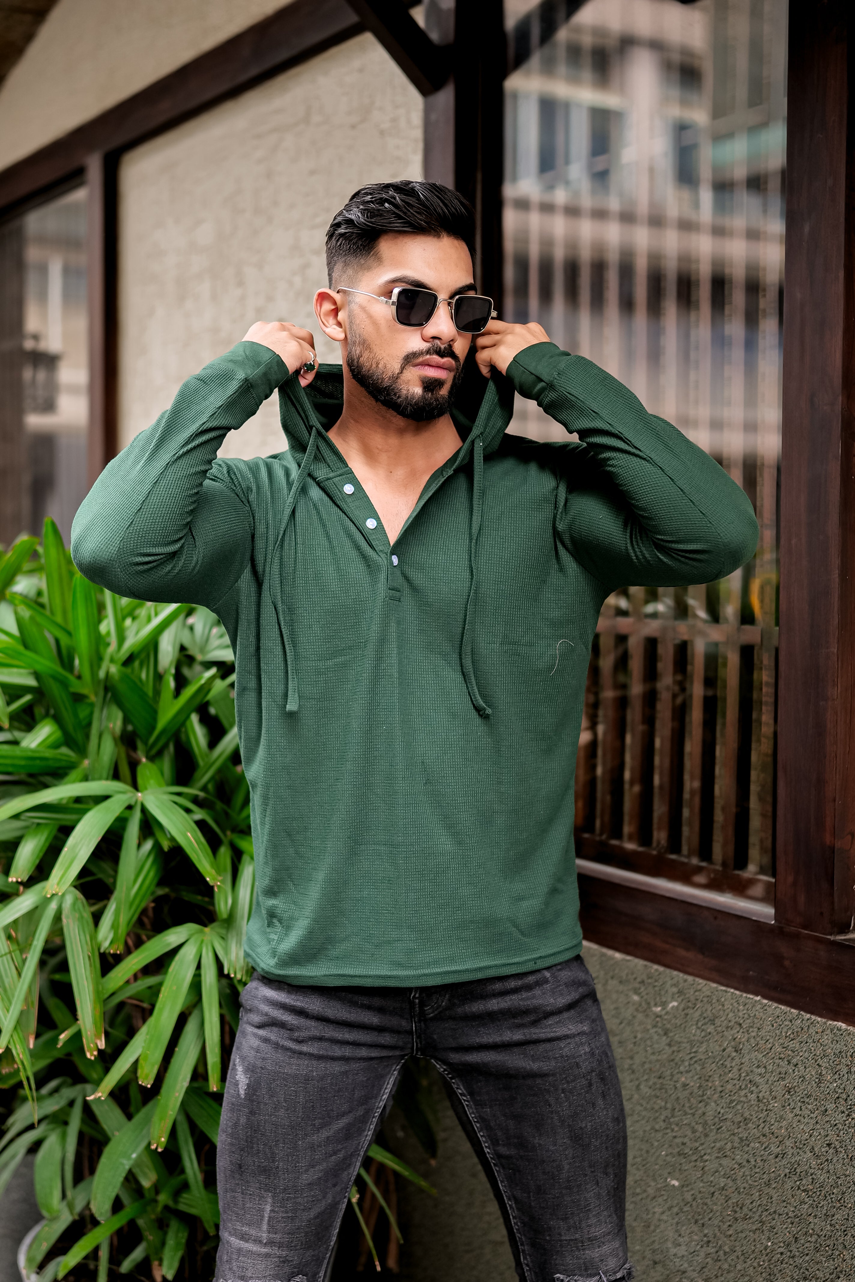 Green Waffle Placket Hooded T-Shirt