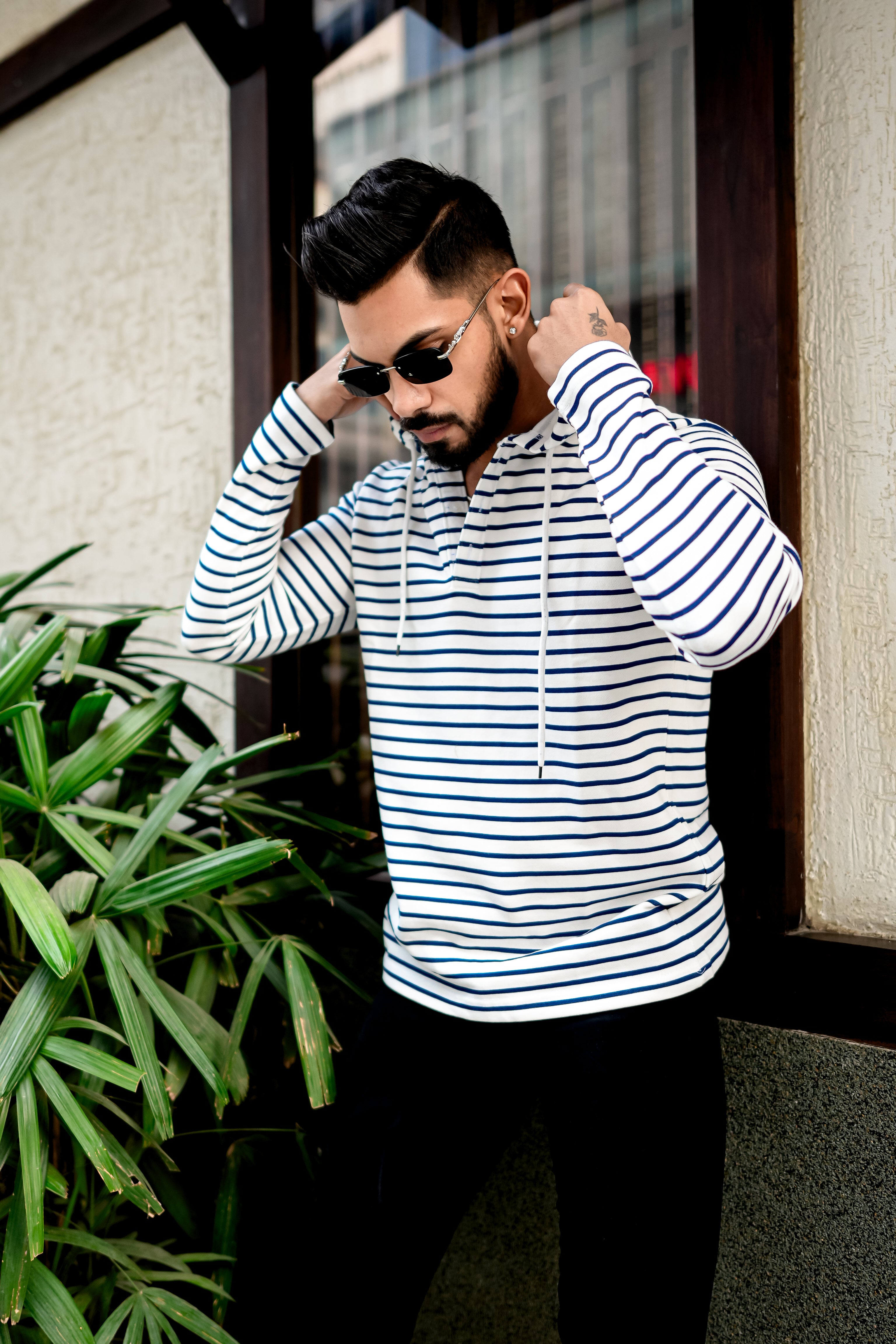 White Navy Blue Striper Buttoned Hooded T-Shirt