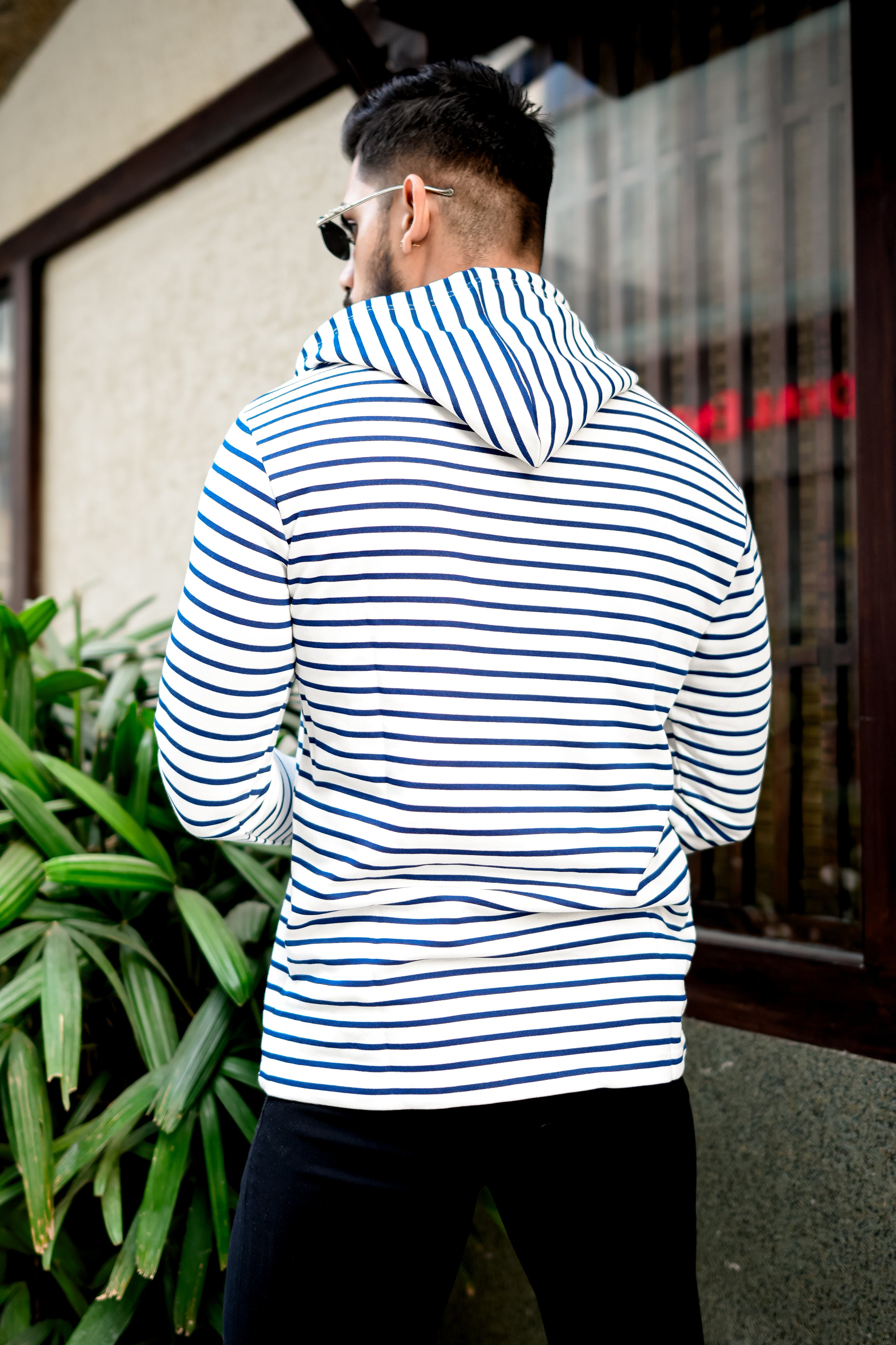 White Navy Blue Striper Buttoned Hooded T-Shirt