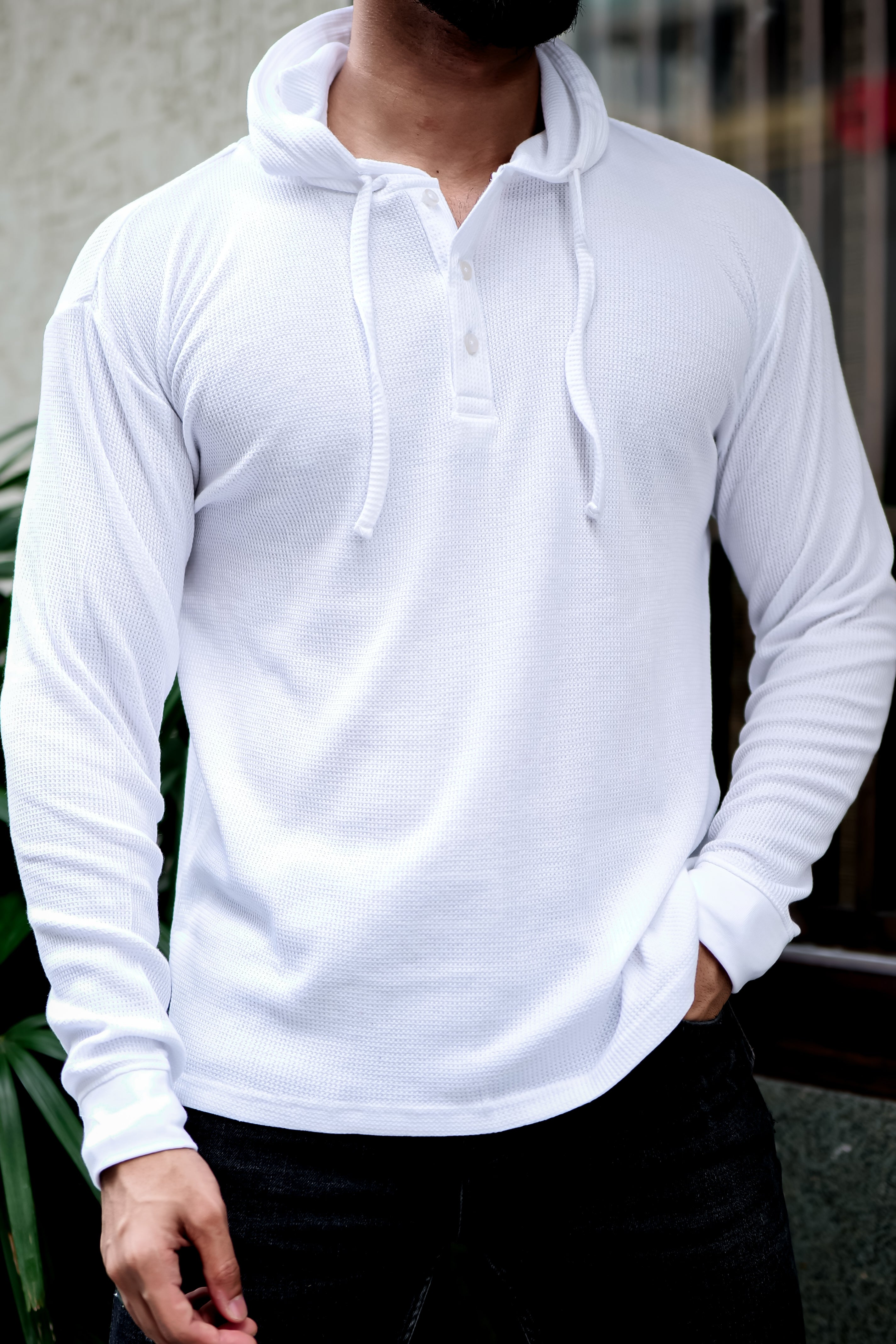 White Waffle Placket Hooded T-Shirt