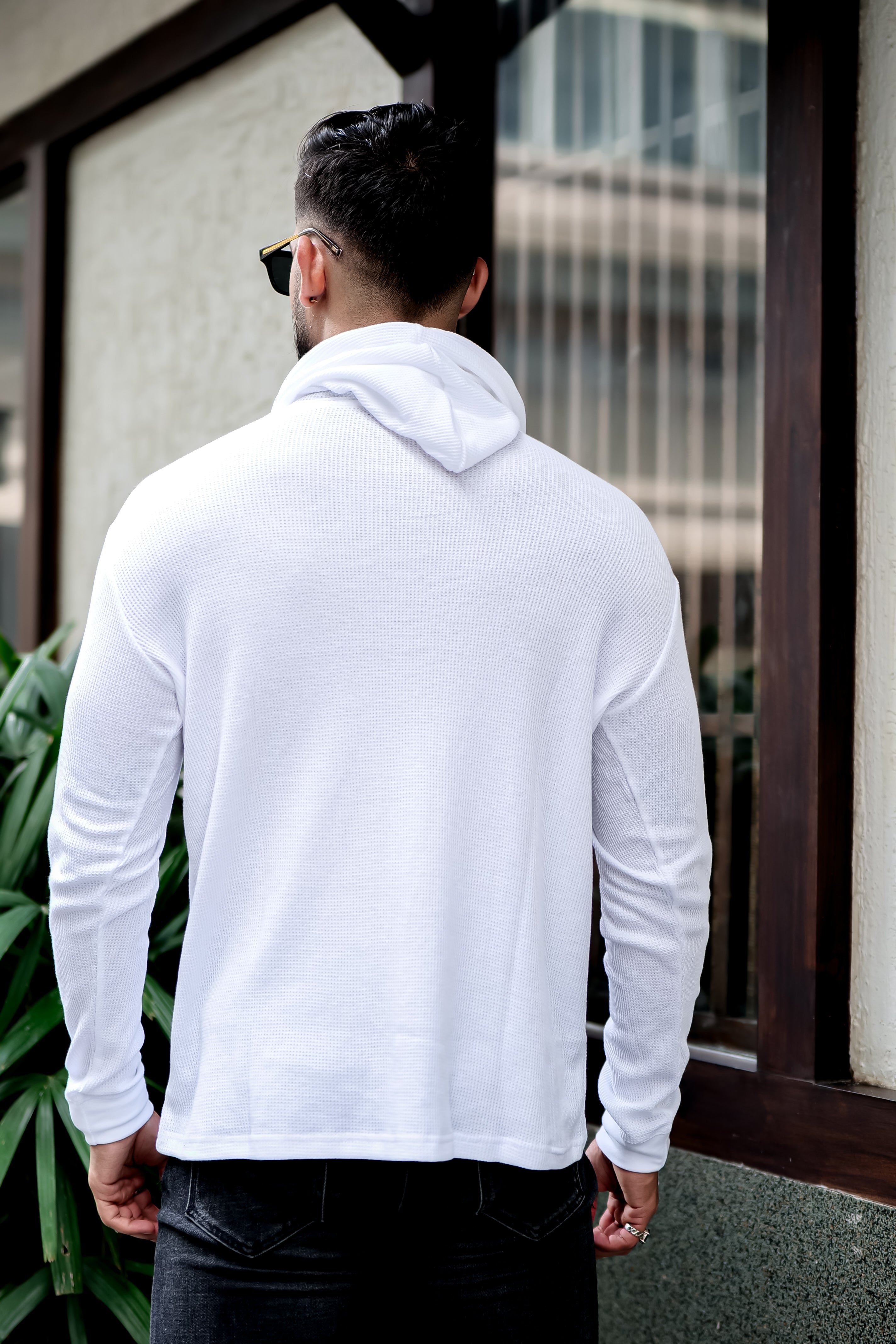 White Waffle Placket Hooded T-Shirt