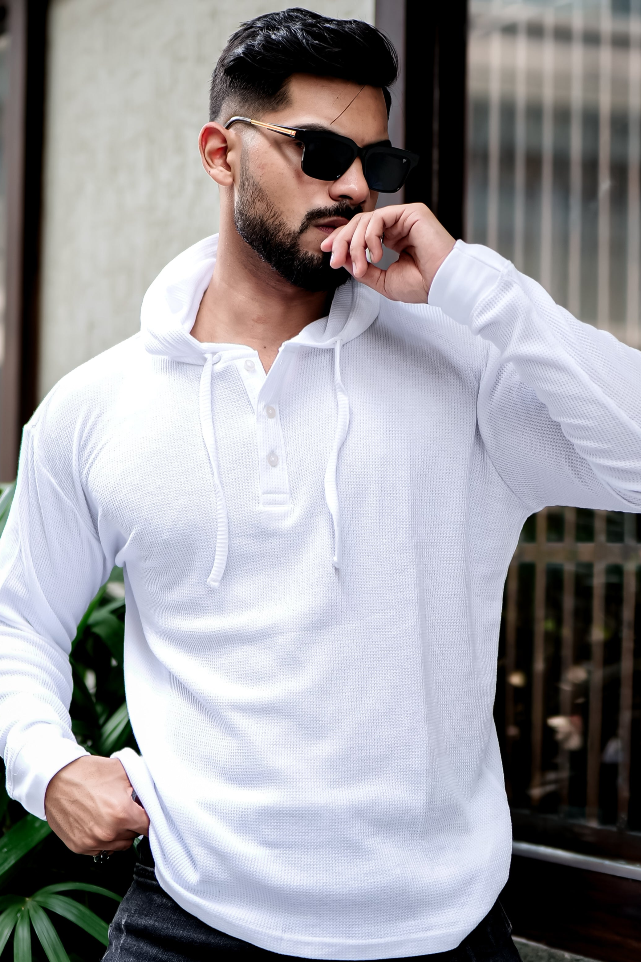 White Waffle Placket Hooded T-Shirt