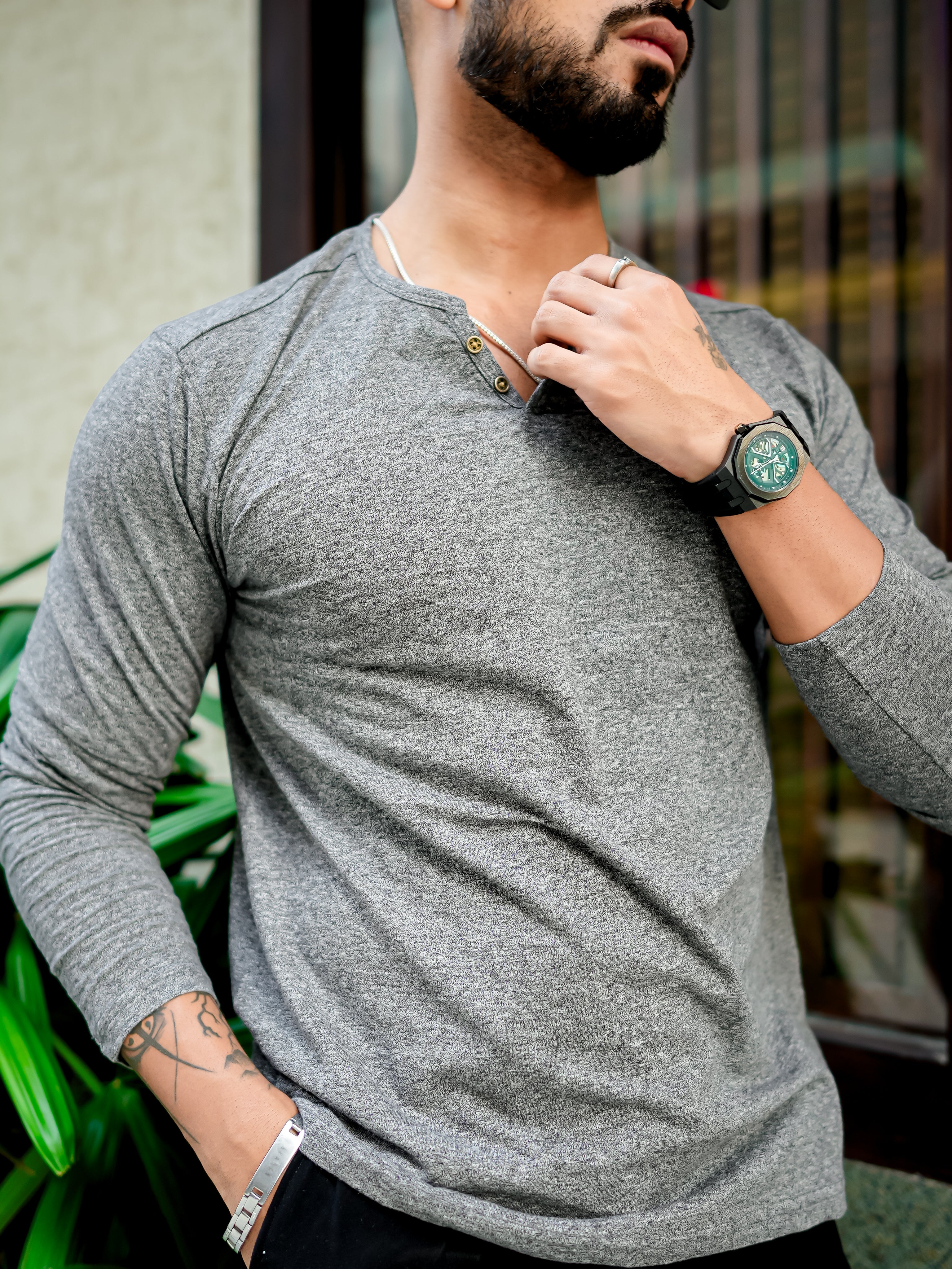 Grey Open Henley Neck T-shirt