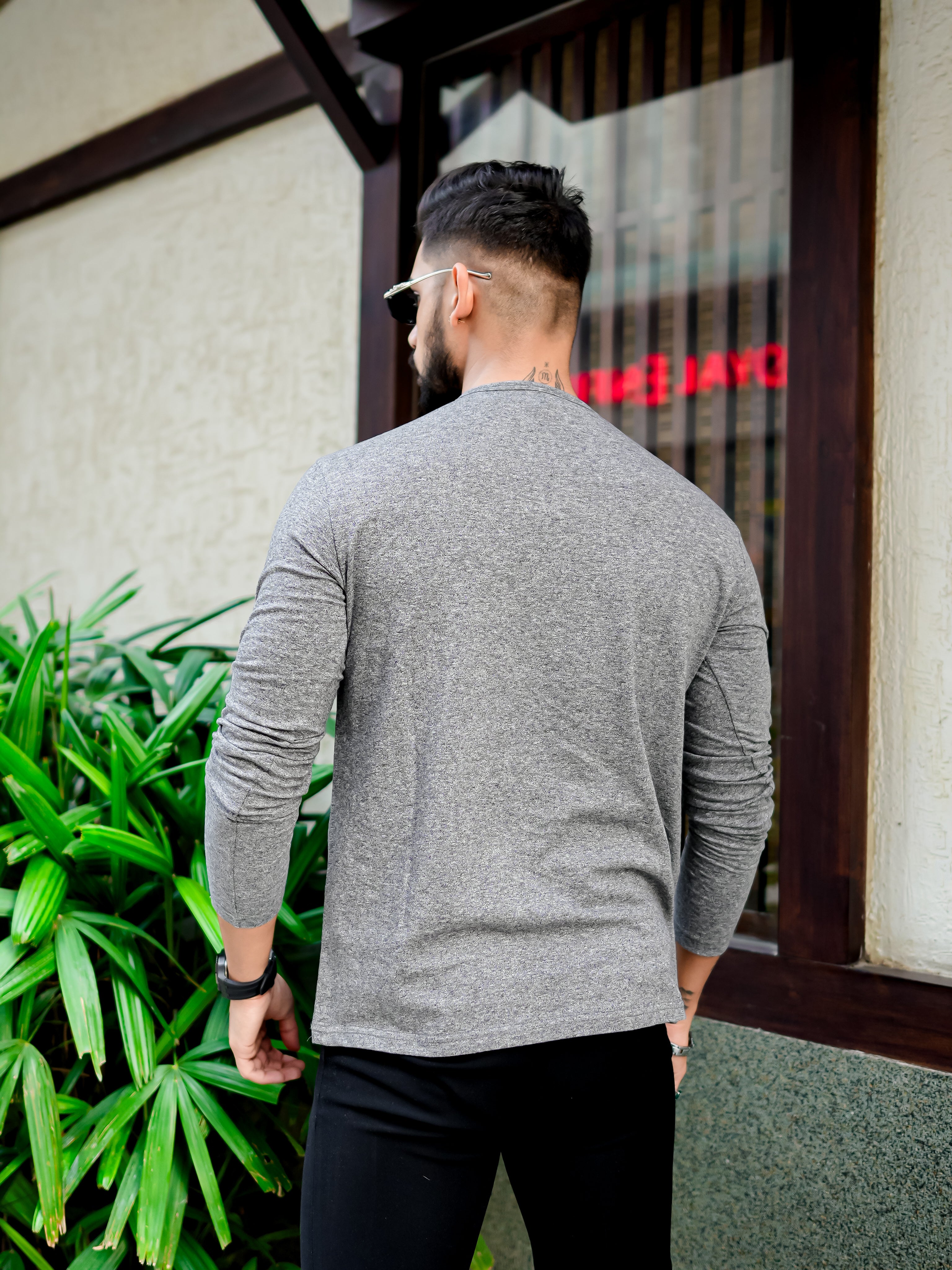 Grey Open Henley Neck T-shirt