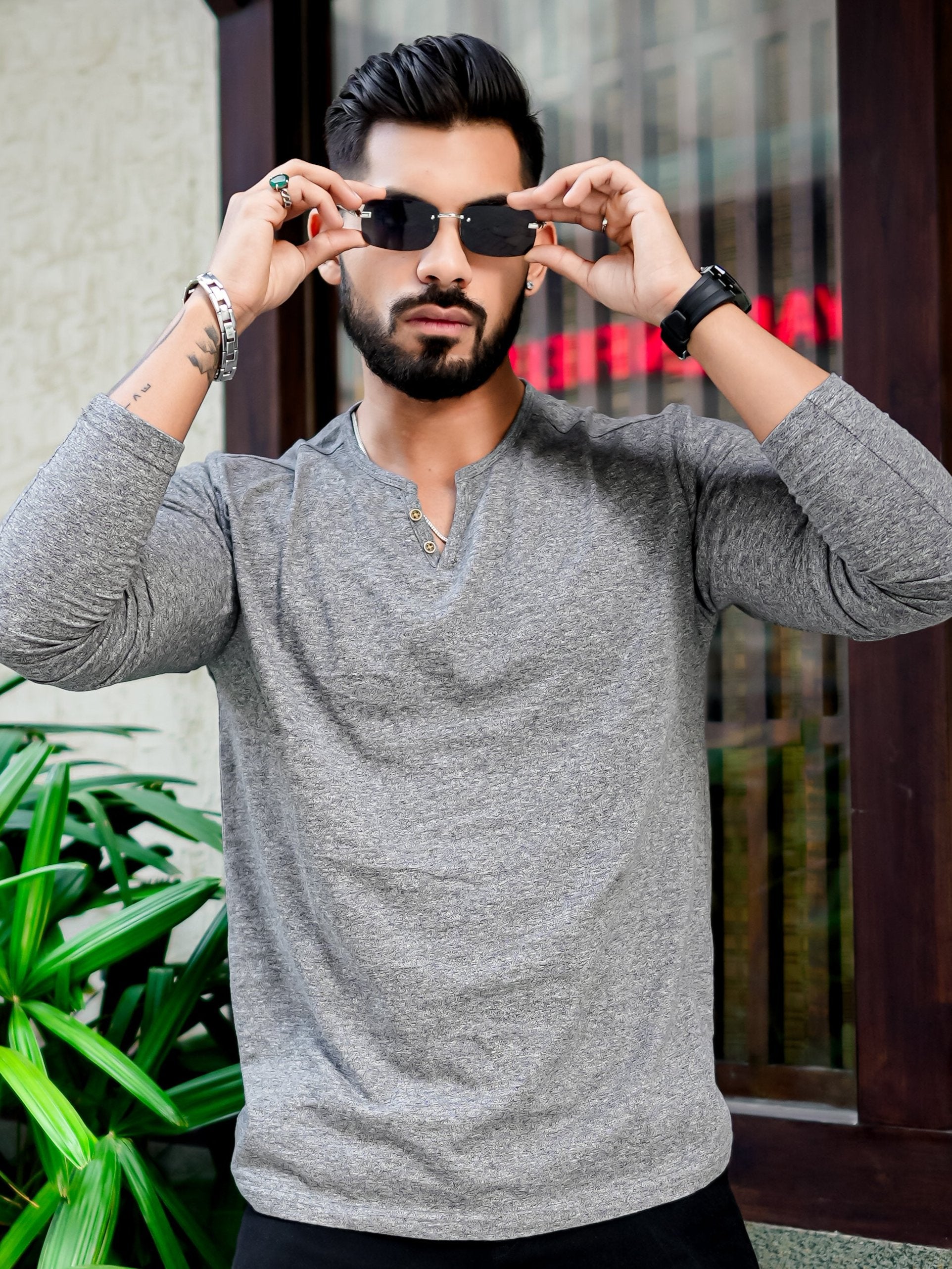 Grey Open Henley Neck T-shirt