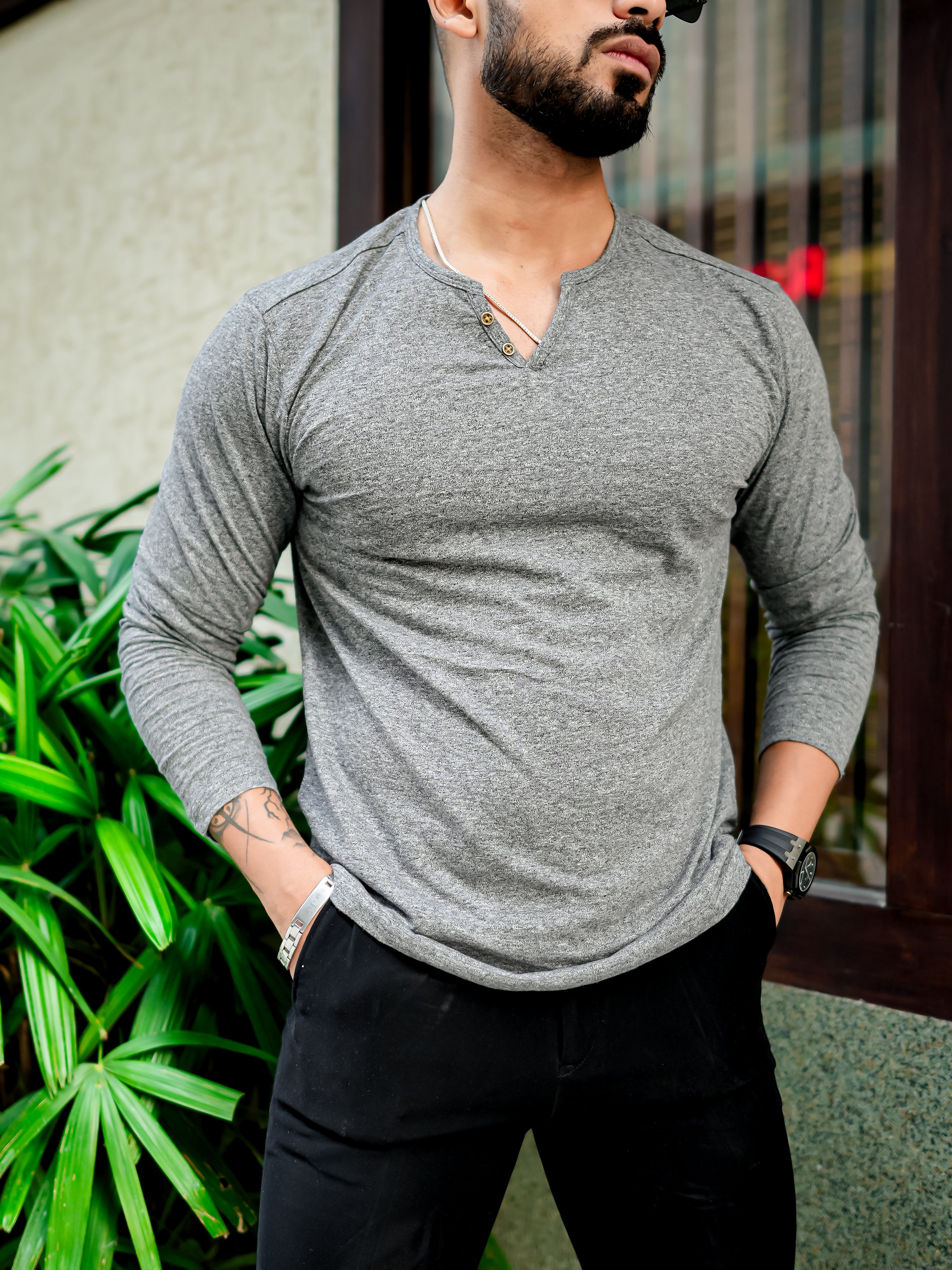 Grey Open Henley Neck T-shirt