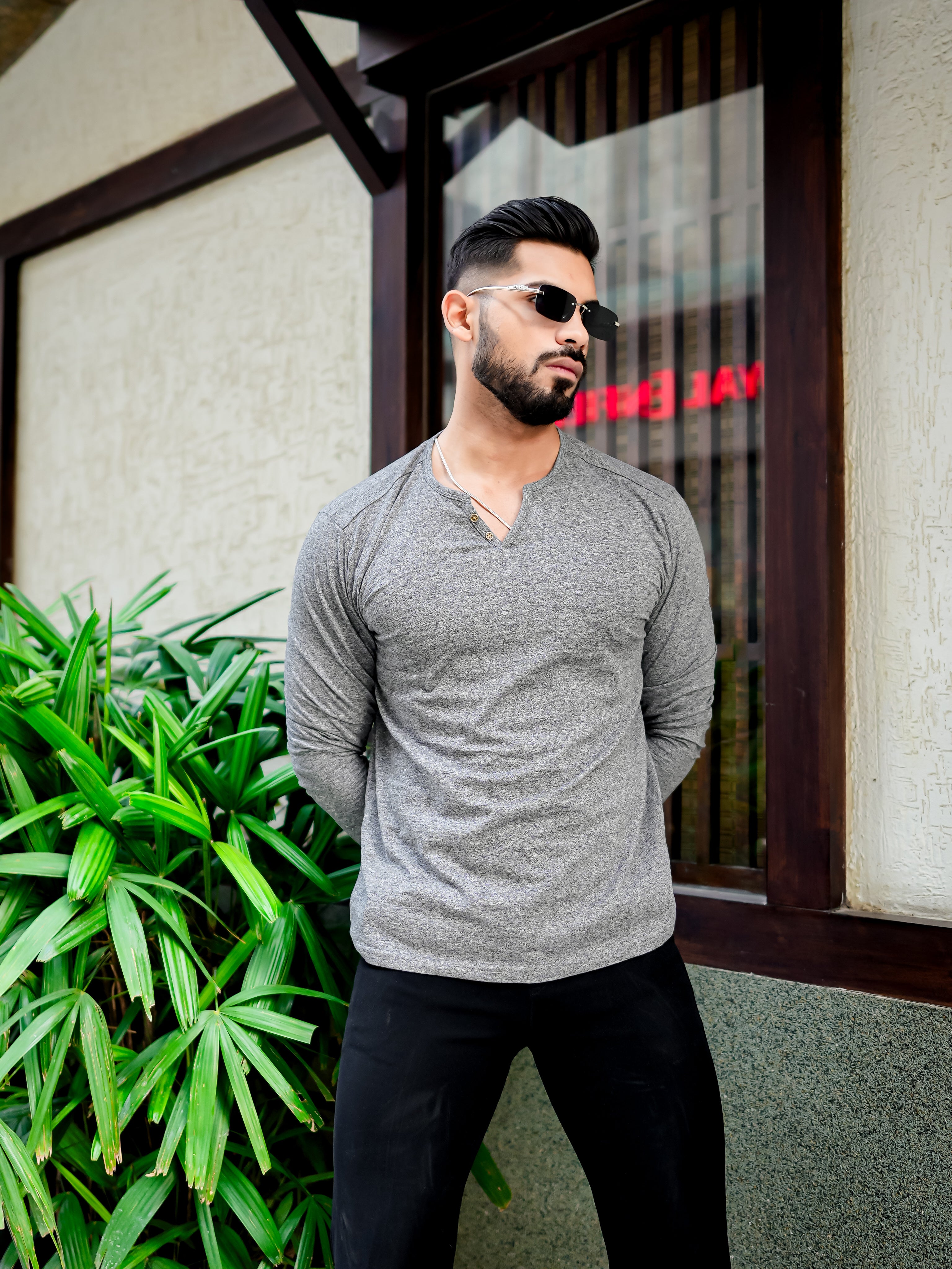 Grey Open Henley Neck T-shirt