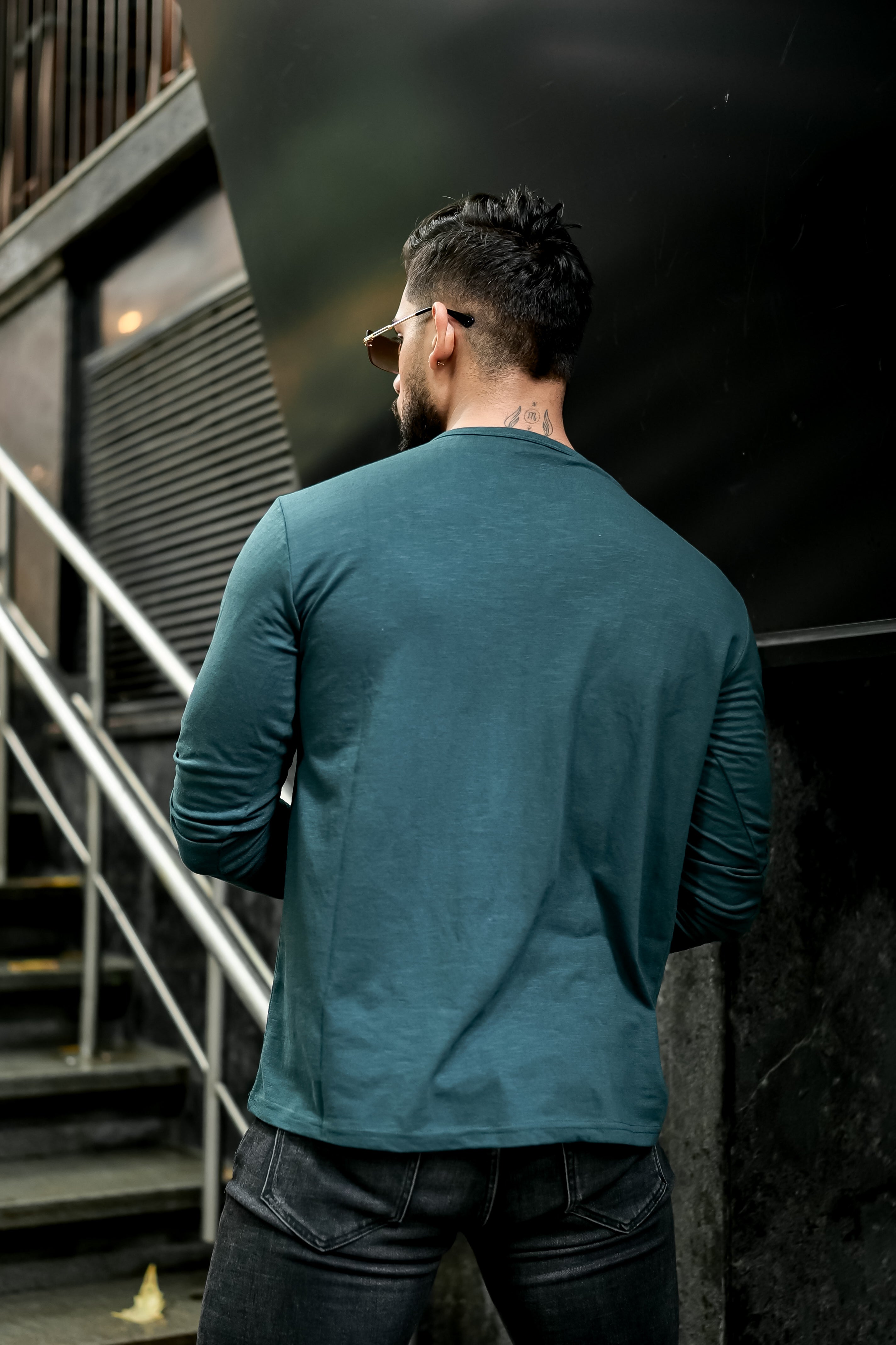 Green Slub Open Henley Neck T-Shirt