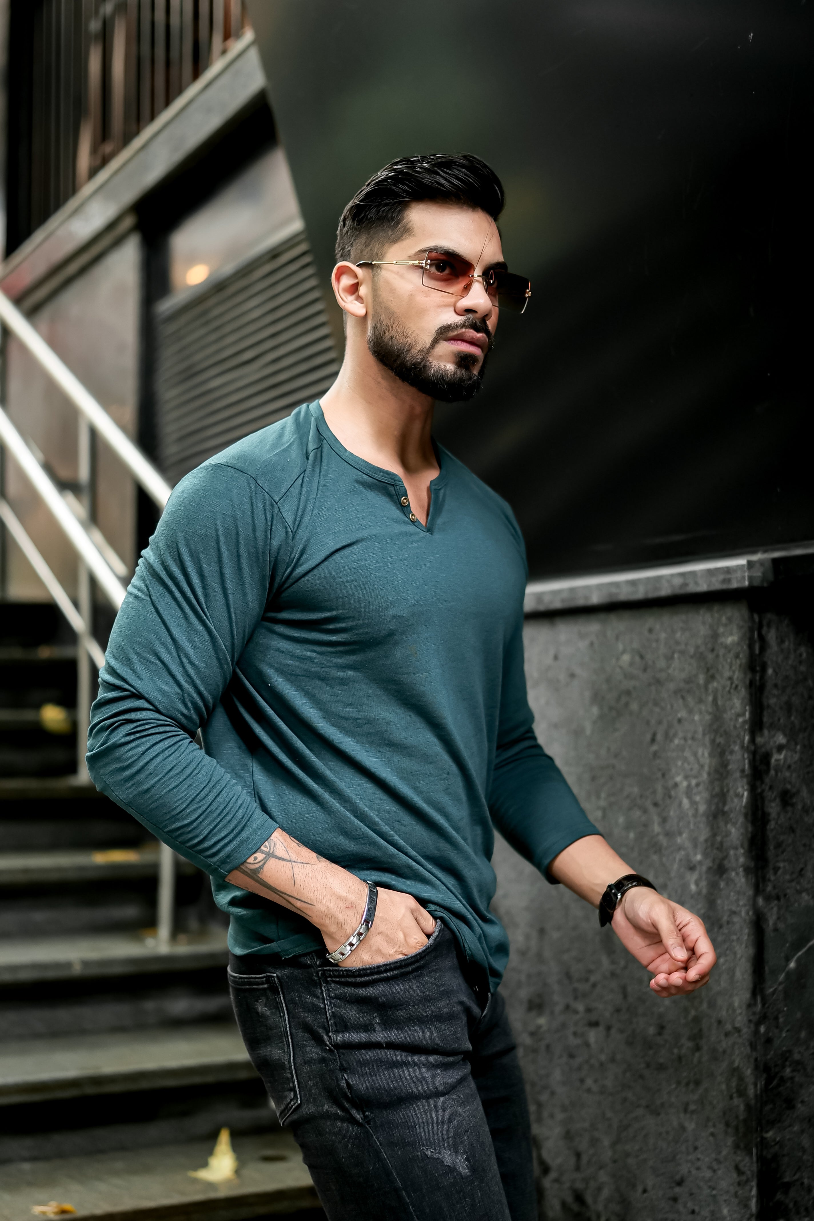 Green Slub Open Henley Neck T-Shirt