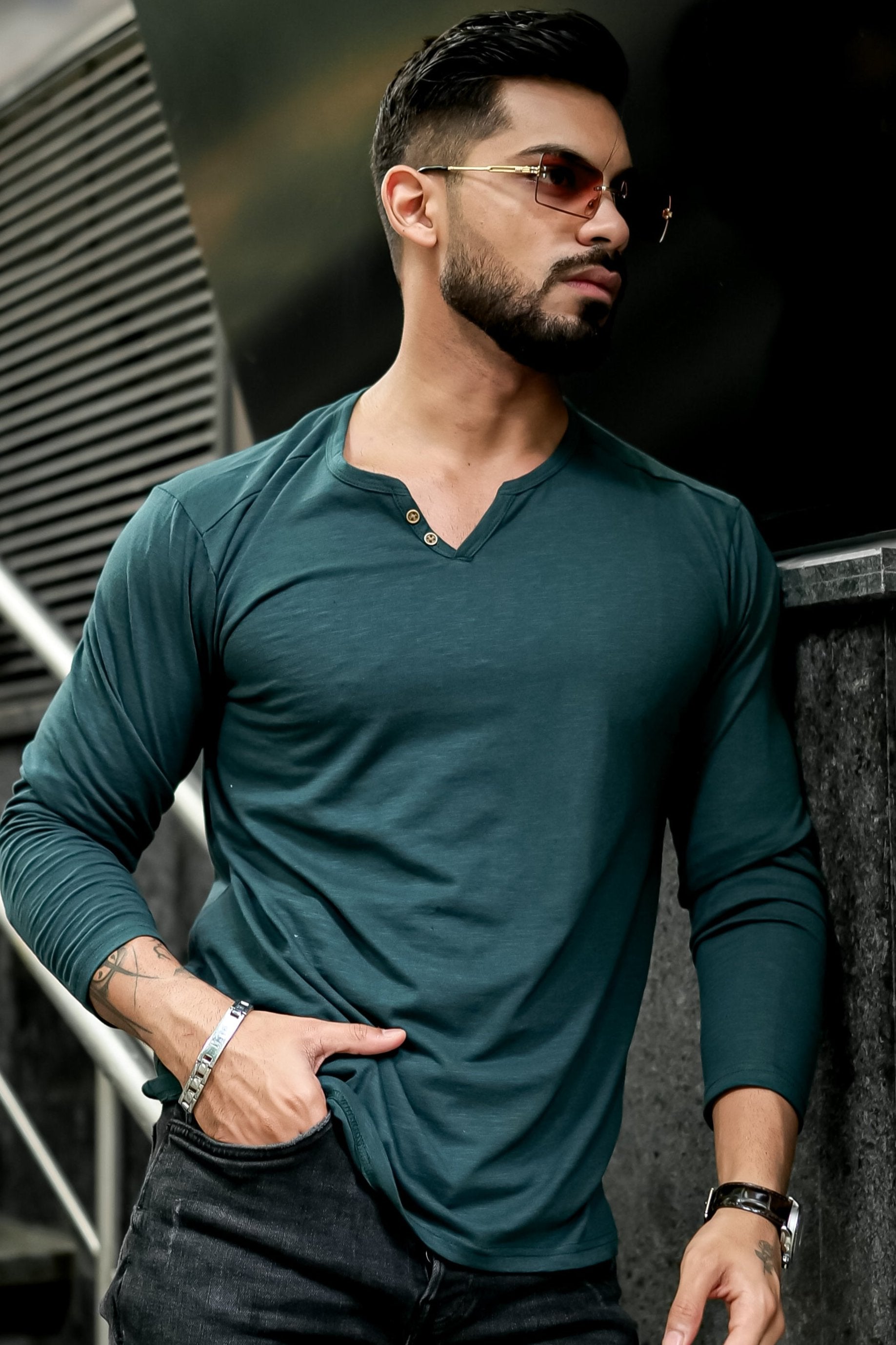 Green Slub Open Henley Neck T-Shirt