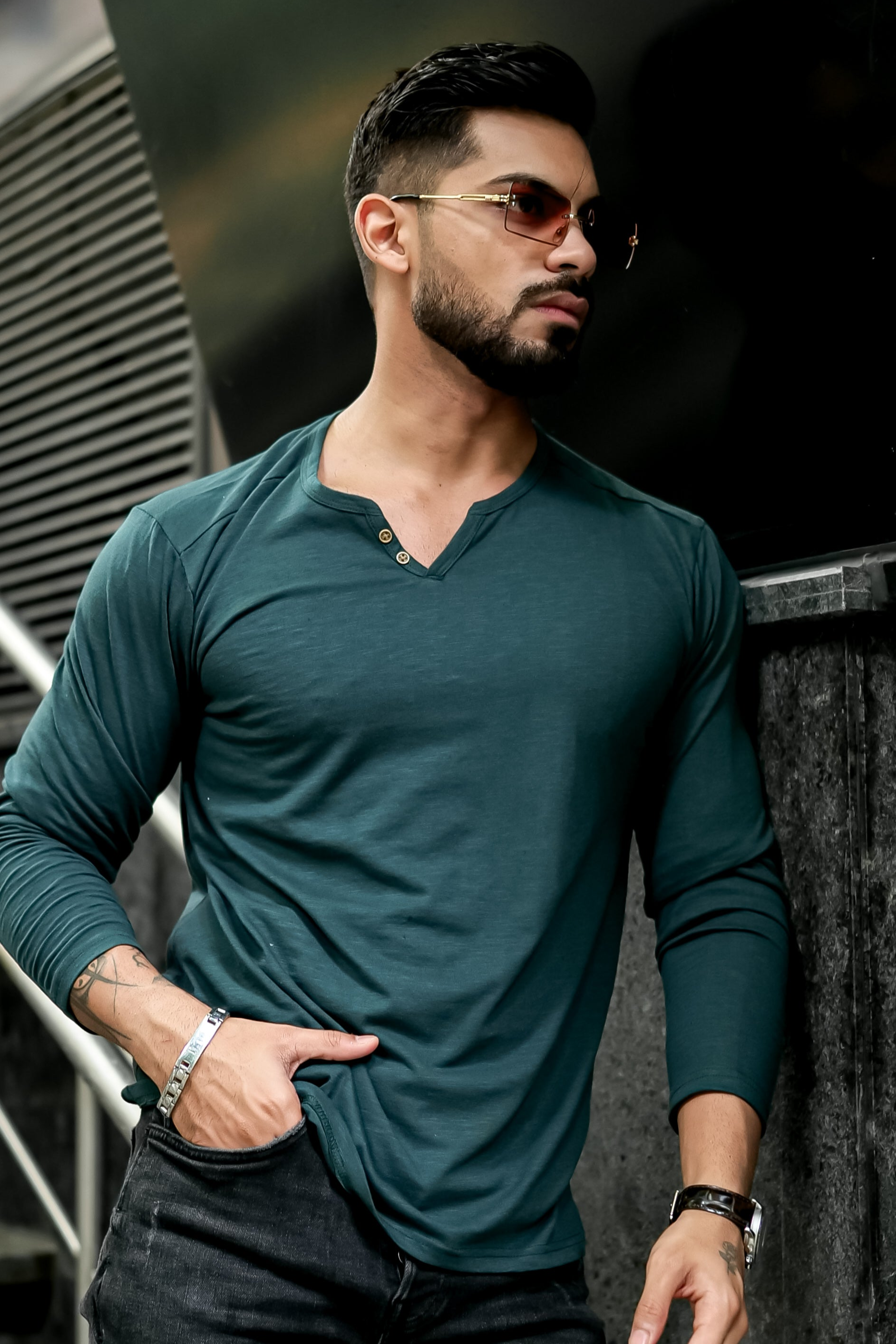 Green Slub Open Henley Neck T-Shirt