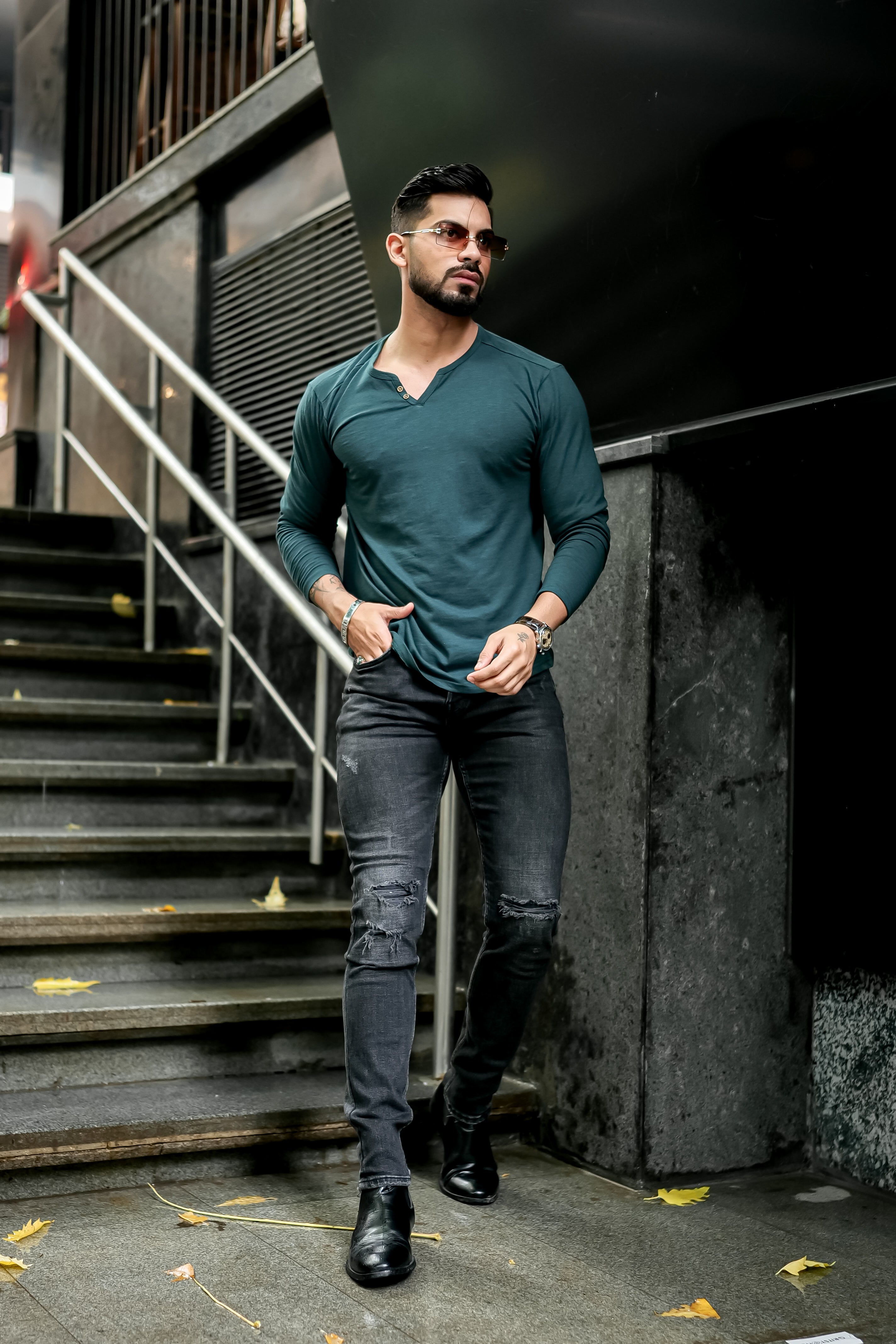 Green Slub Open Henley Neck T-Shirt