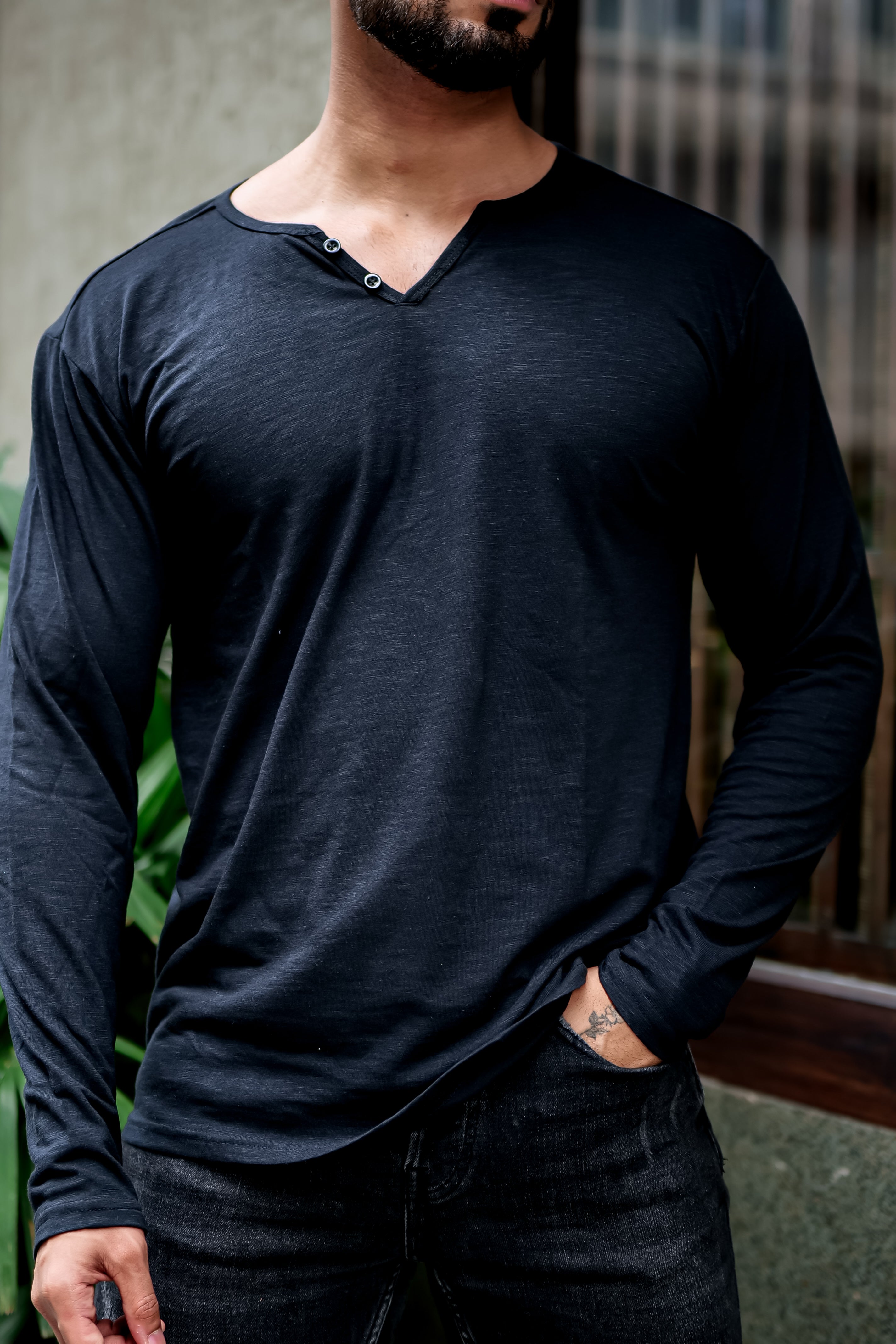 Black Self Design Open Henley T-Shirt