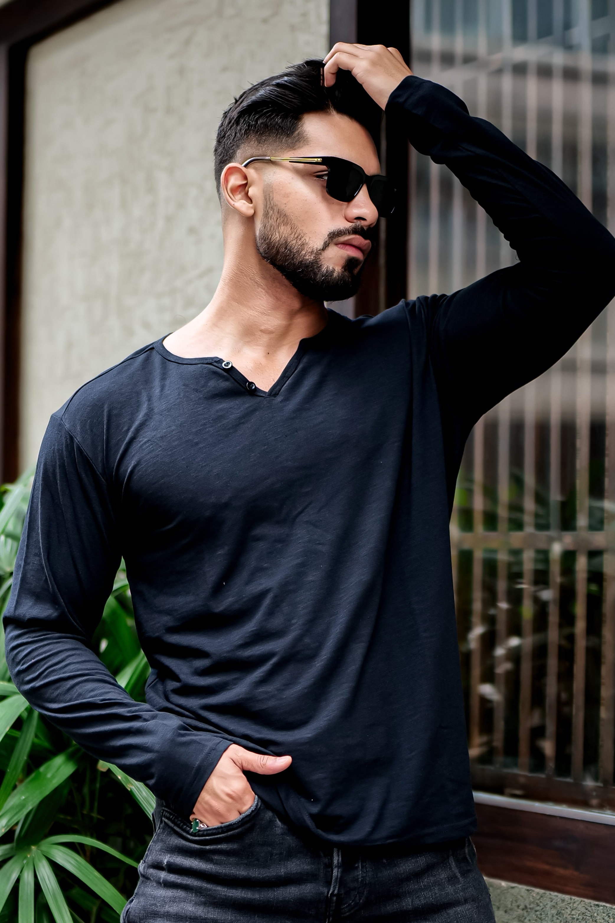 Black Self Design Open Henley T-Shirt